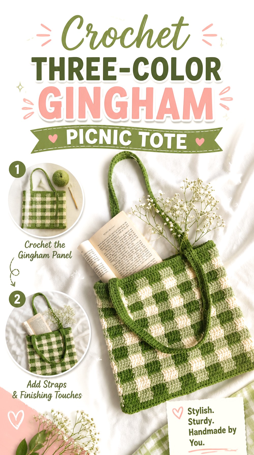 Crochet Three Color Gingham Picnic Tote