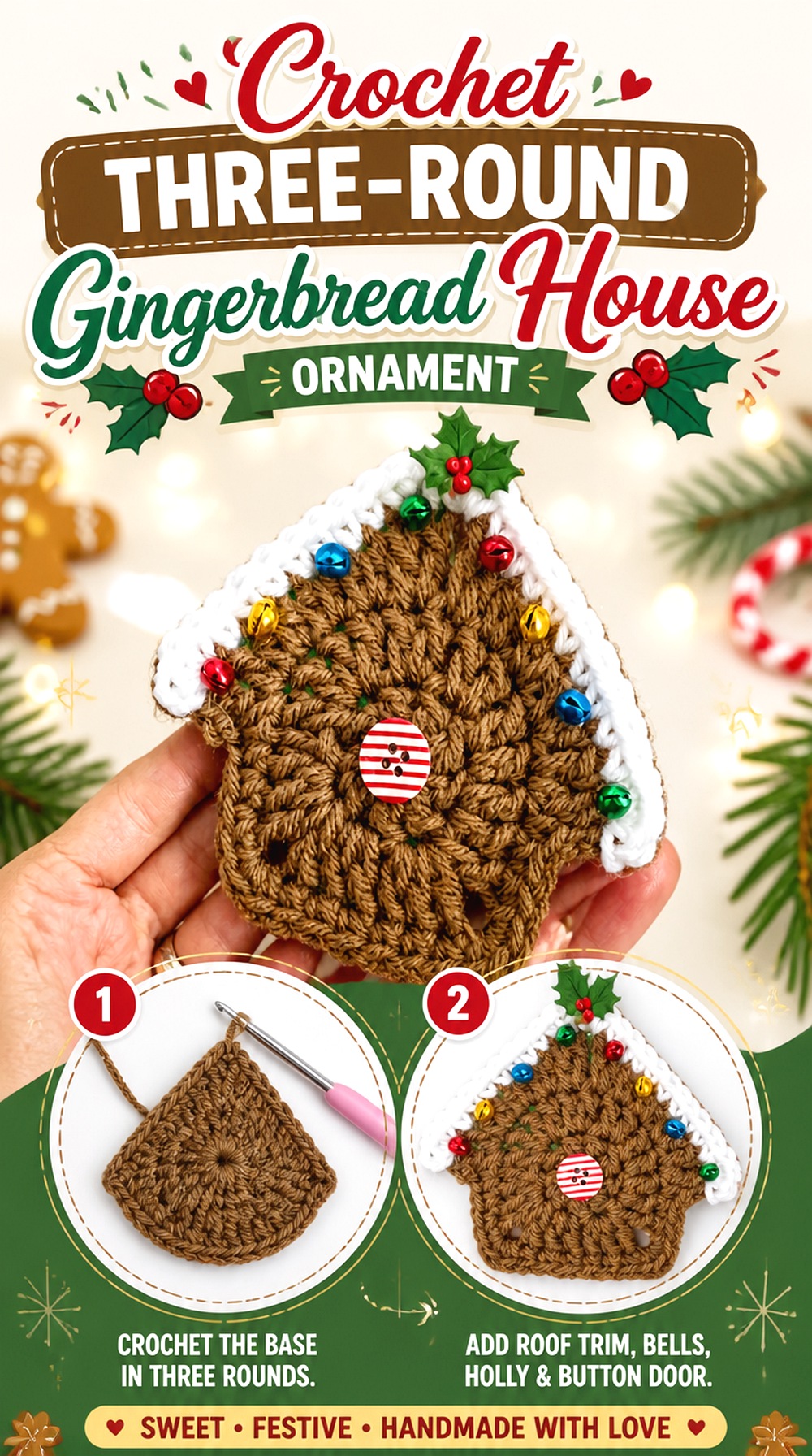 Crochet Three Round Gingerbread House Ornament
