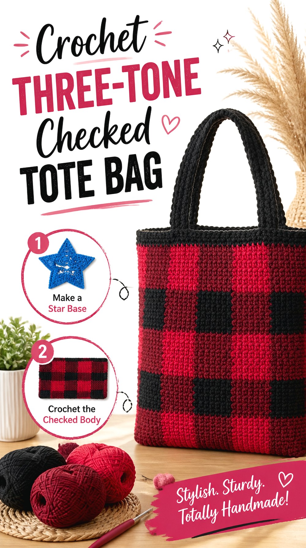 Crochet Three Tone Checked Tote Bag