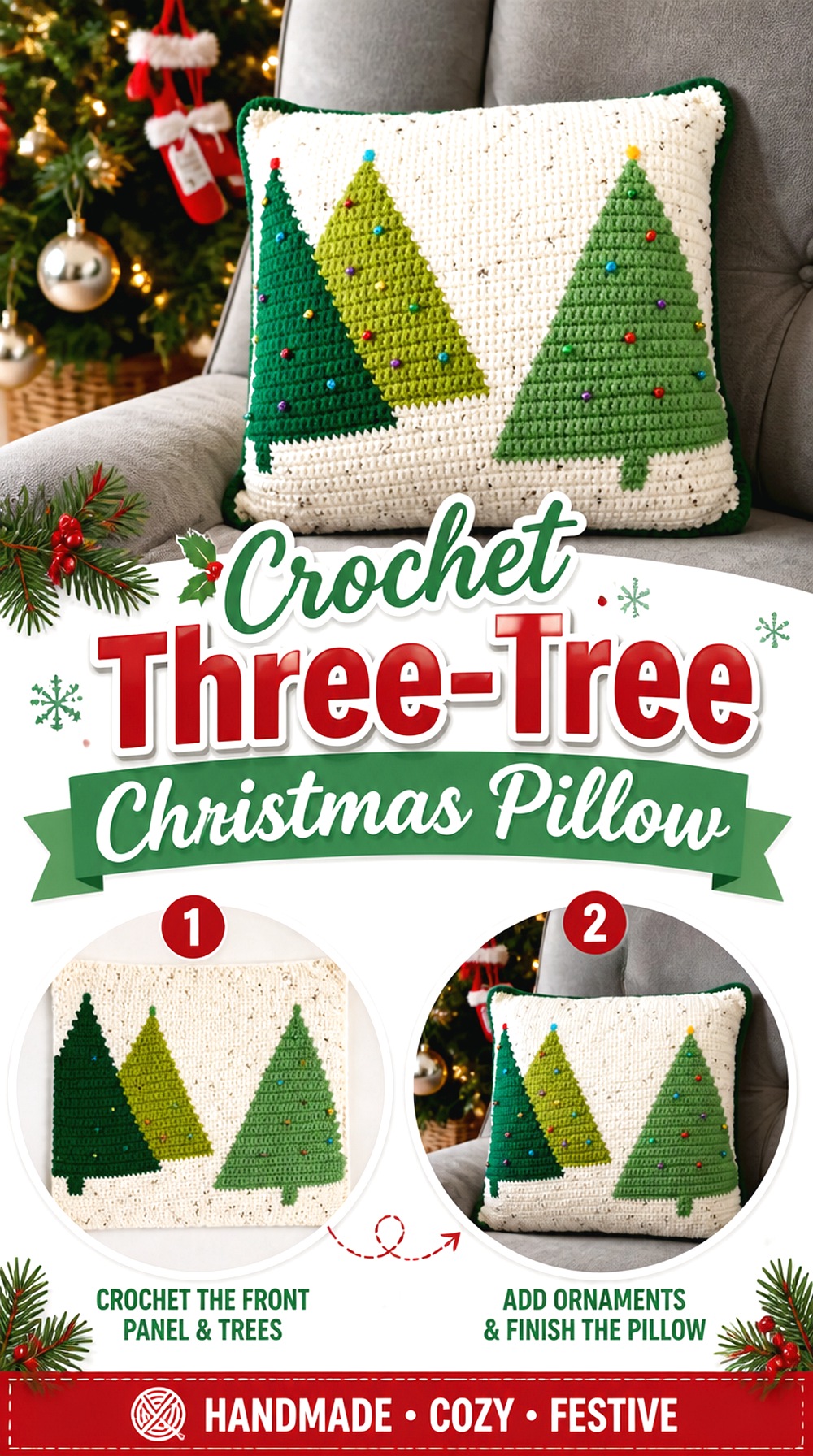 Crochet Three Tree Christmas Pillow
