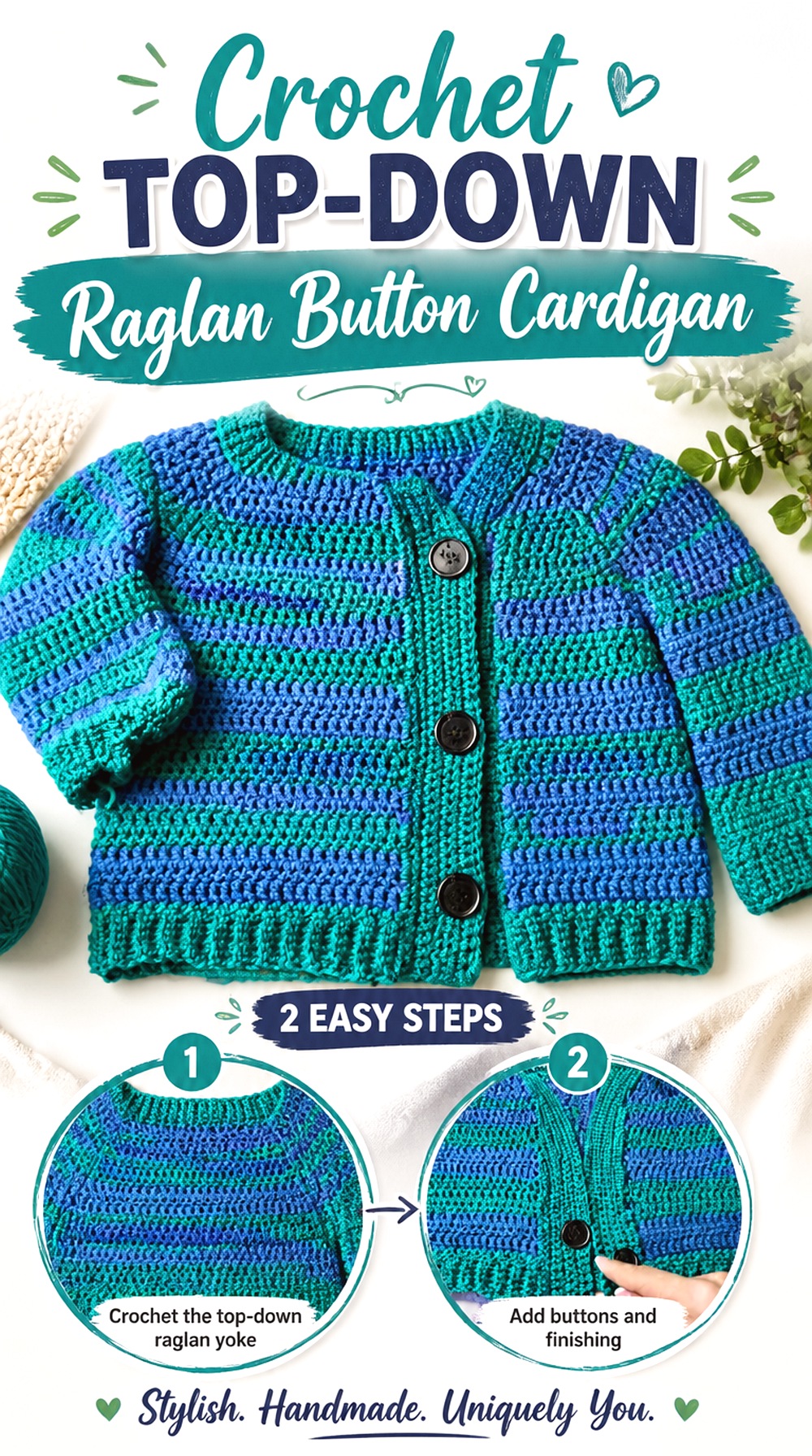 Crochet Top Down Raglan Button Cardigan