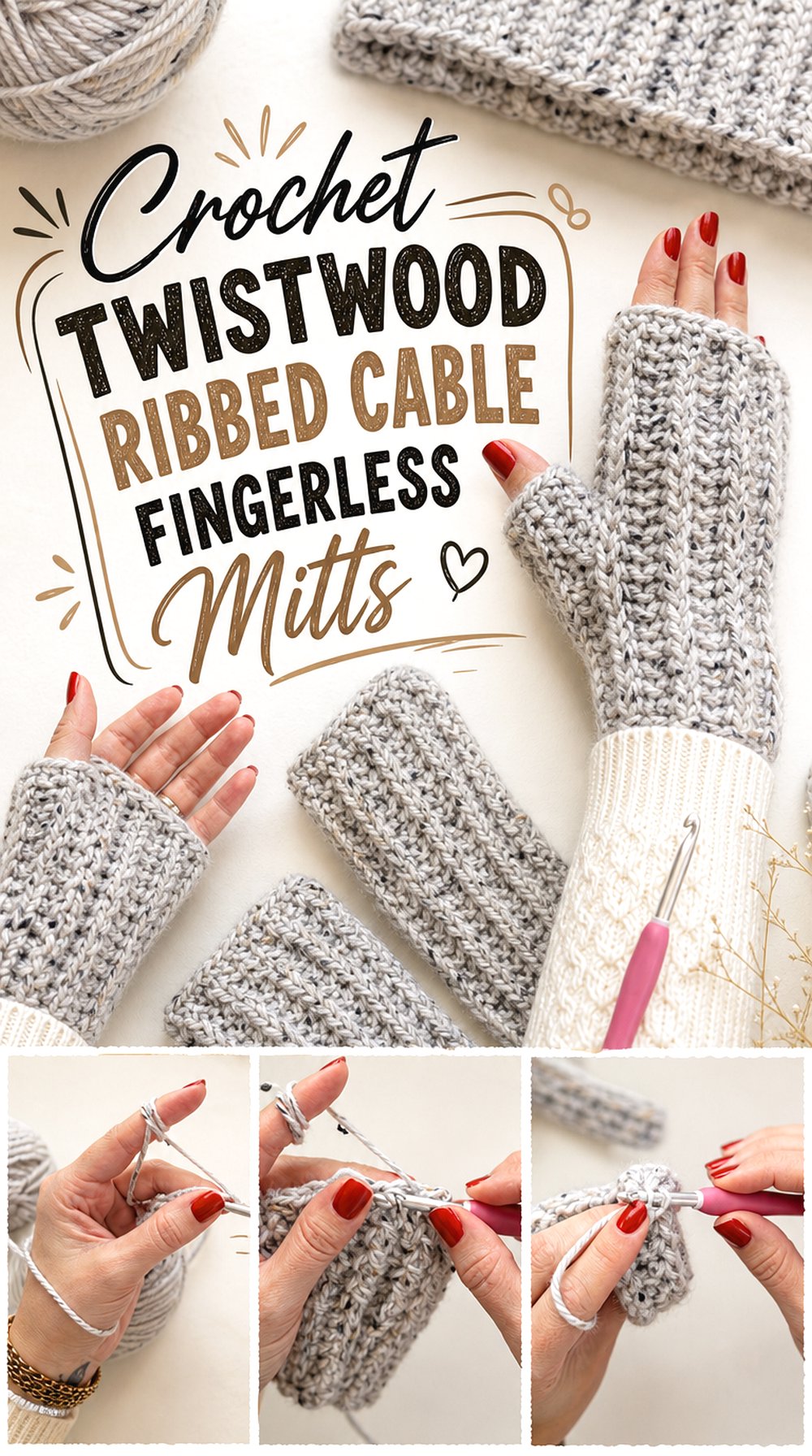 Crochet Twistwood Ribbed Cable Fingerless Mitts