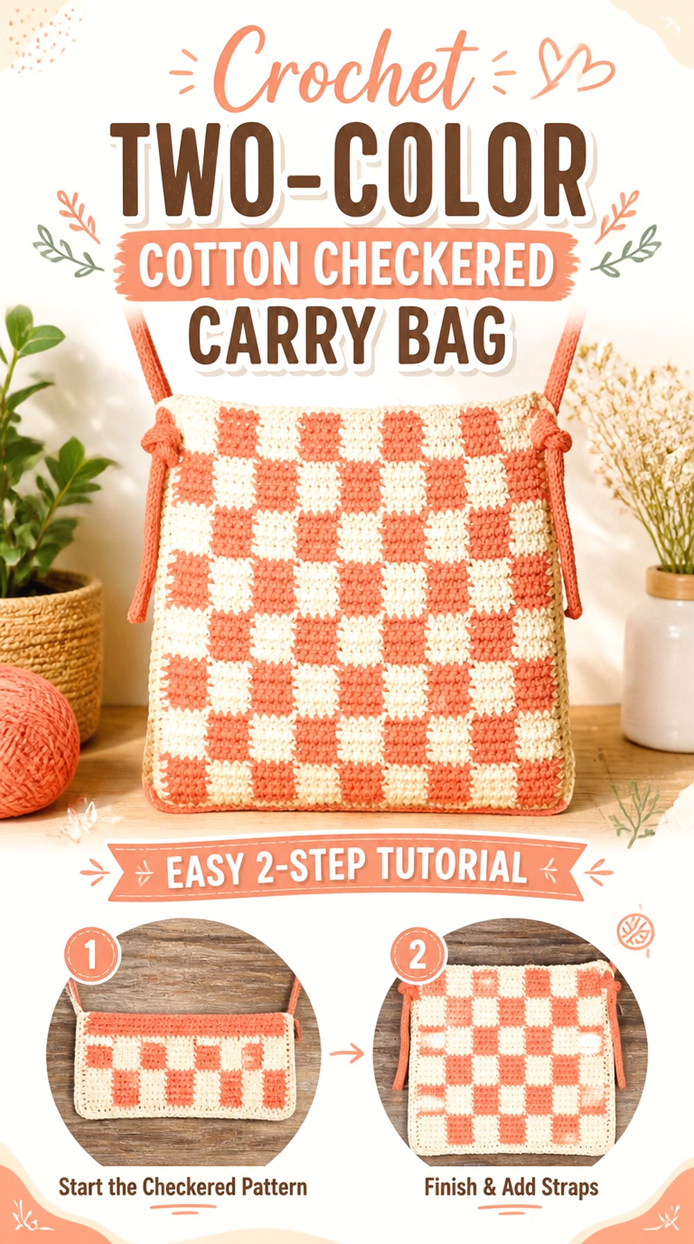 Crochet Two Color Cotton Checkered Carry Bag