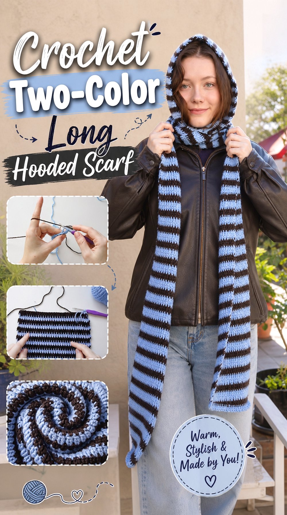 Crochet Two Color Long Hooded Scarf