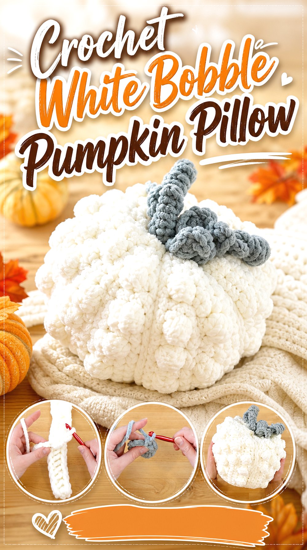 Crochet White Bobble Pumpkin Pillow