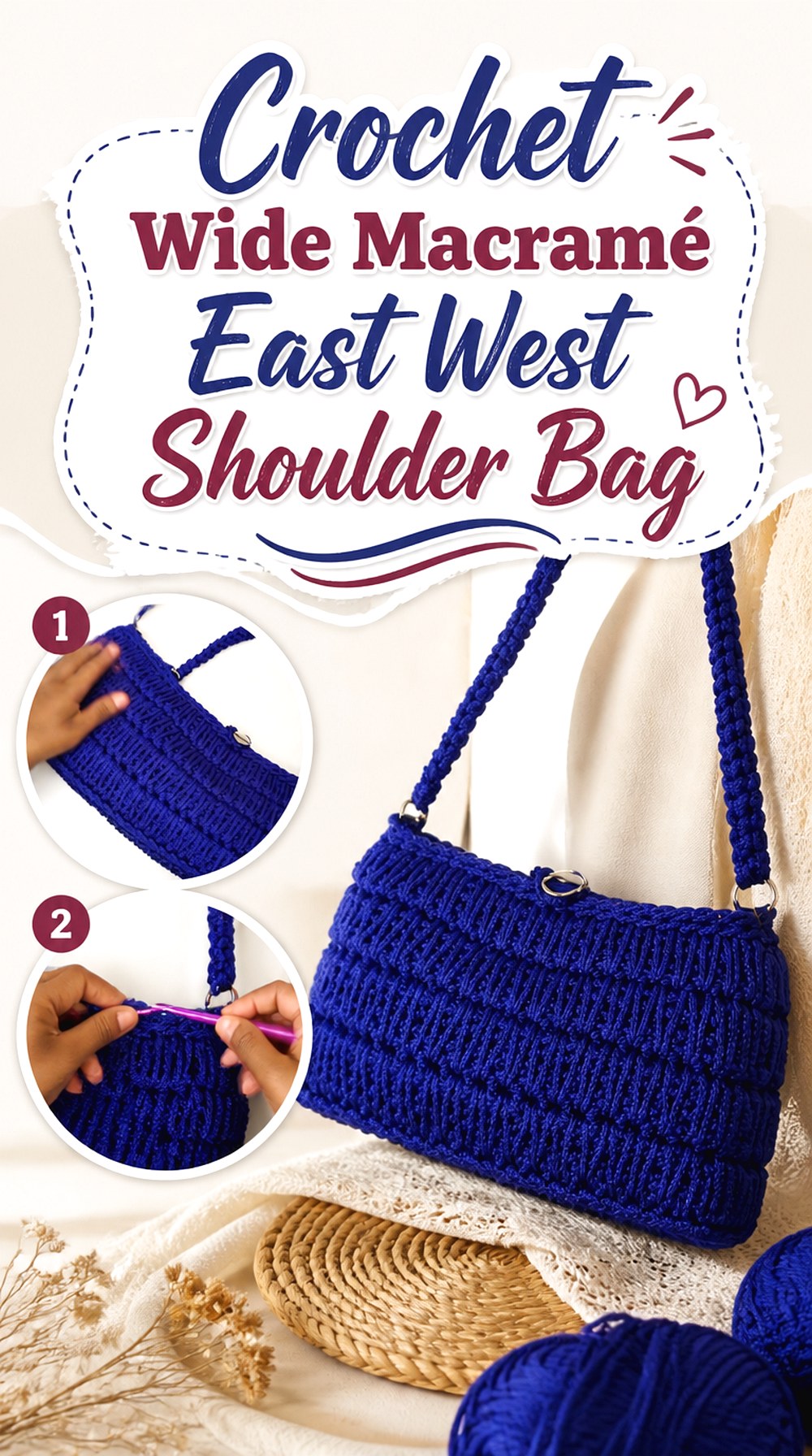 Crochet Wide Macramé East West Shoulder Bag