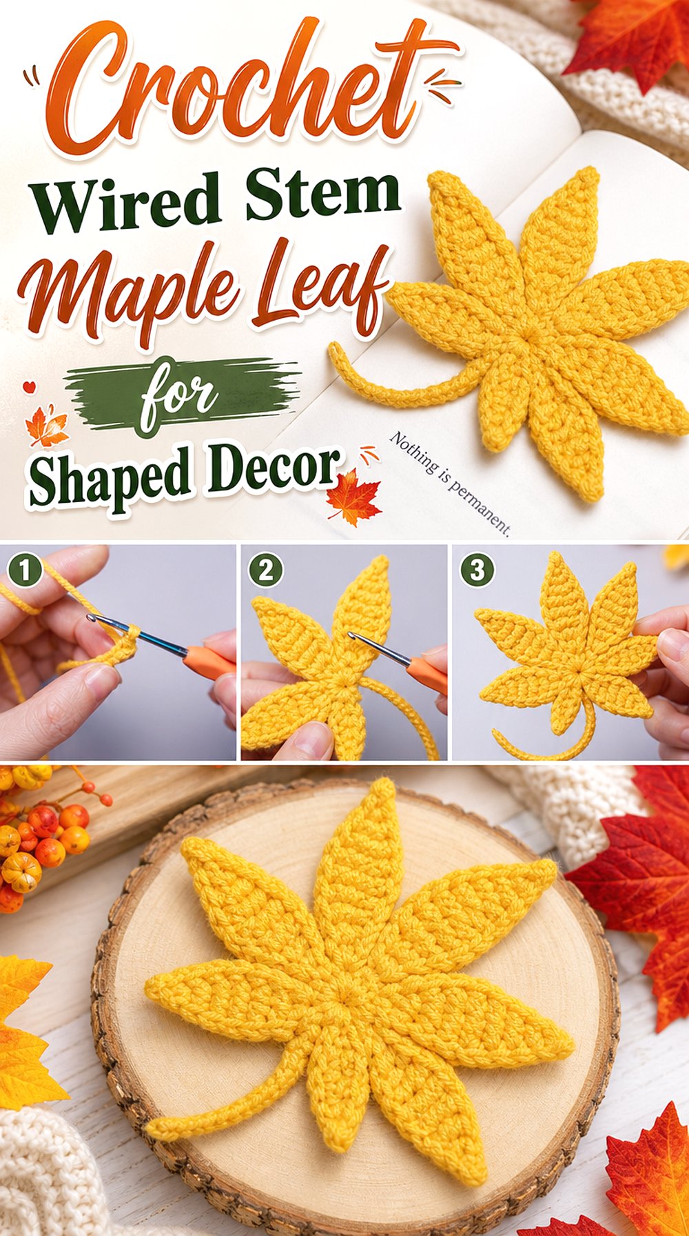 Crochet Wired Stem Maple Leaf for Shaped Decor