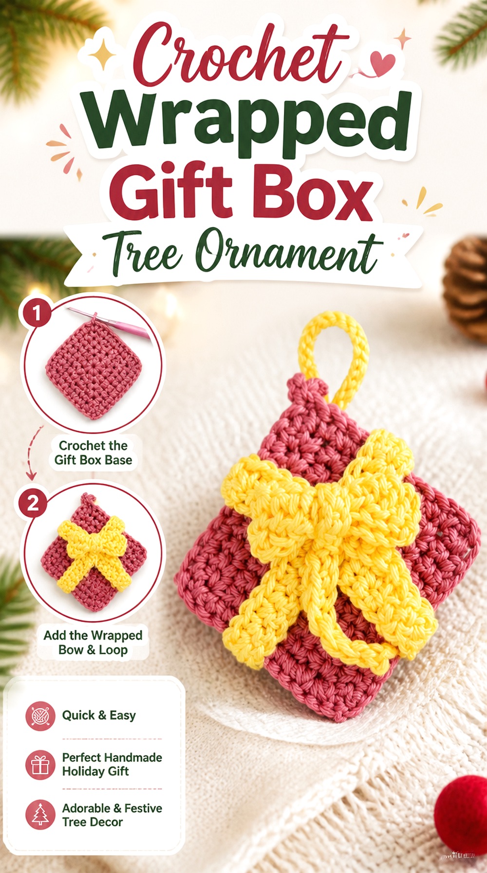 Crochet Wrapped Gift Box Tree Ornament