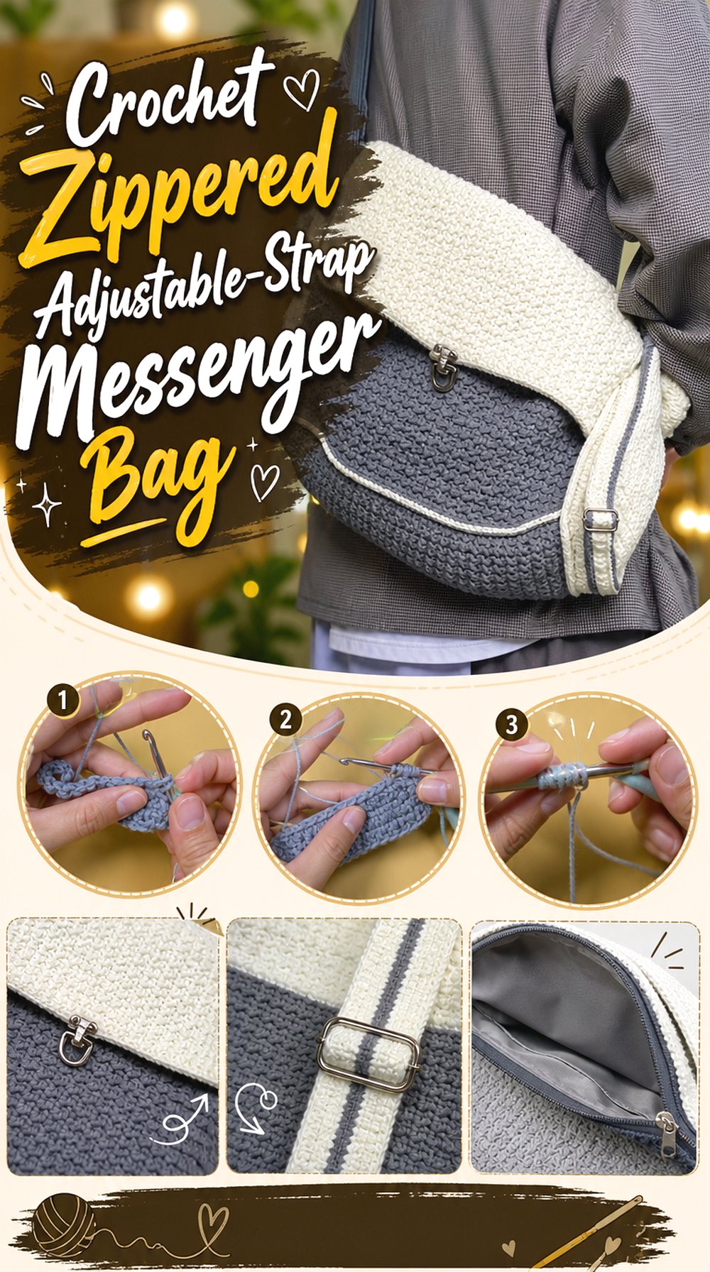 Crochet Zippered Adjustable Strap Messenger Bag