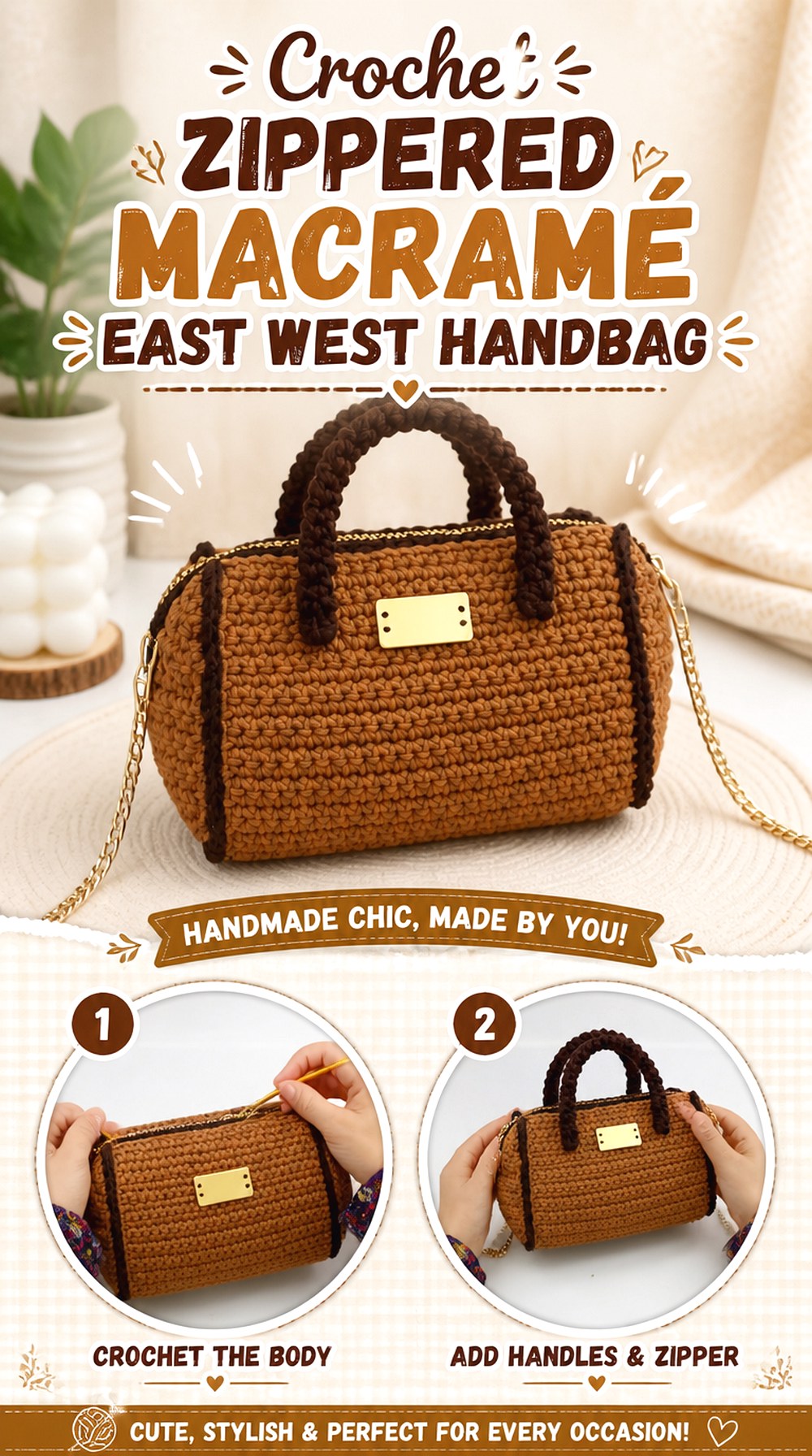 Crochet Zippered Macramé East West Handbag