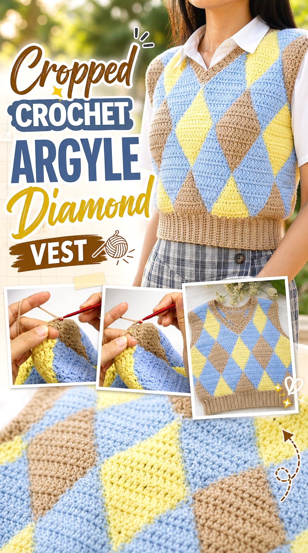 Cropped Crochet Argyle Diamond Vest