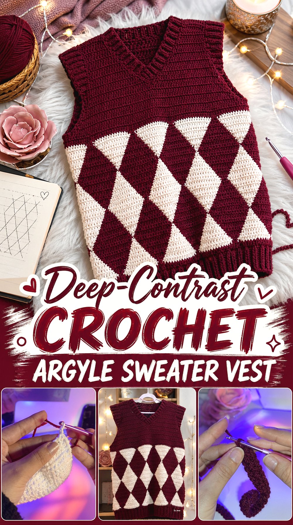 Deep Contrast Crochet Argyle Sweater Vest