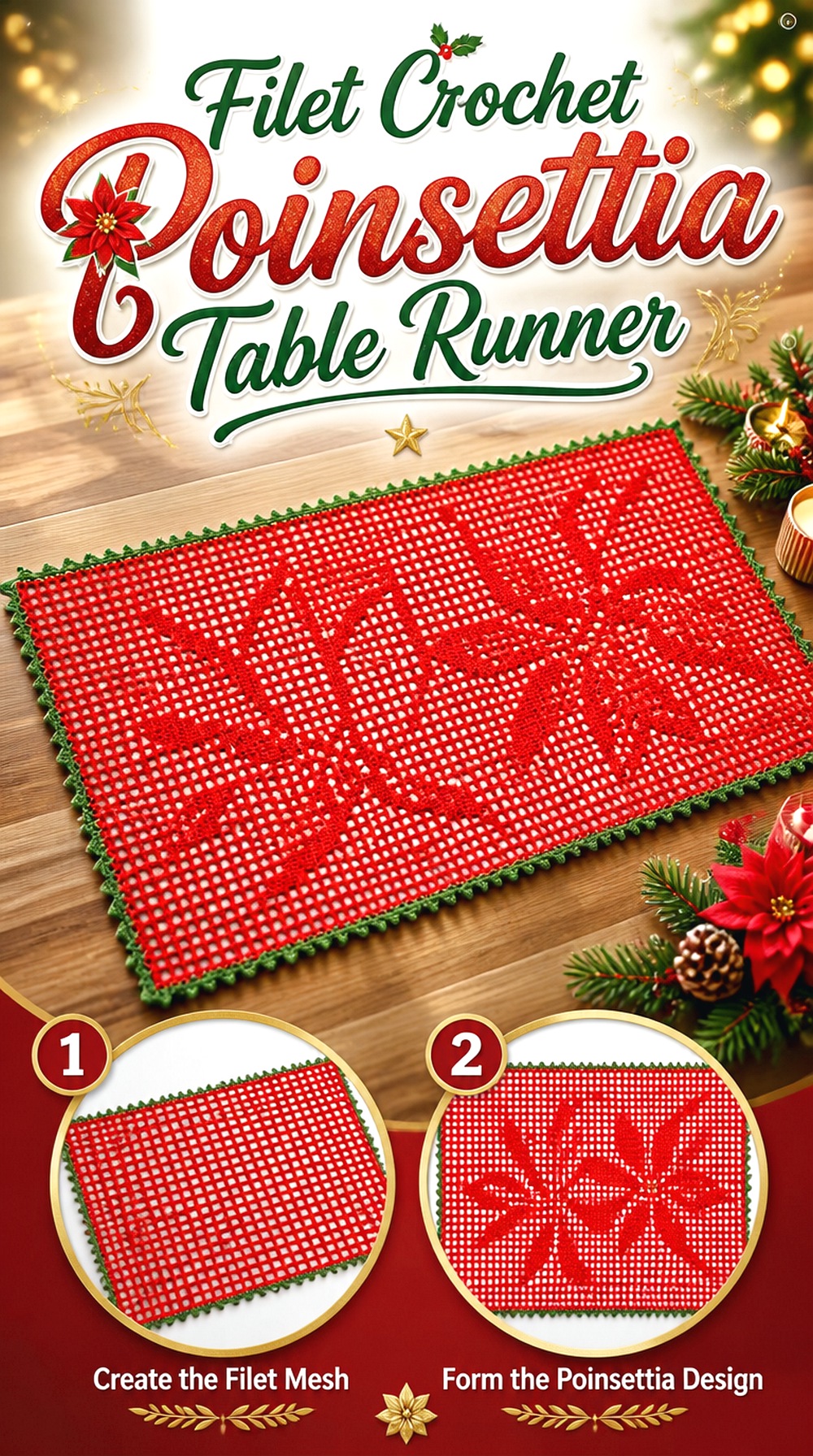 Filet Crochet Poinsettia Table Runner