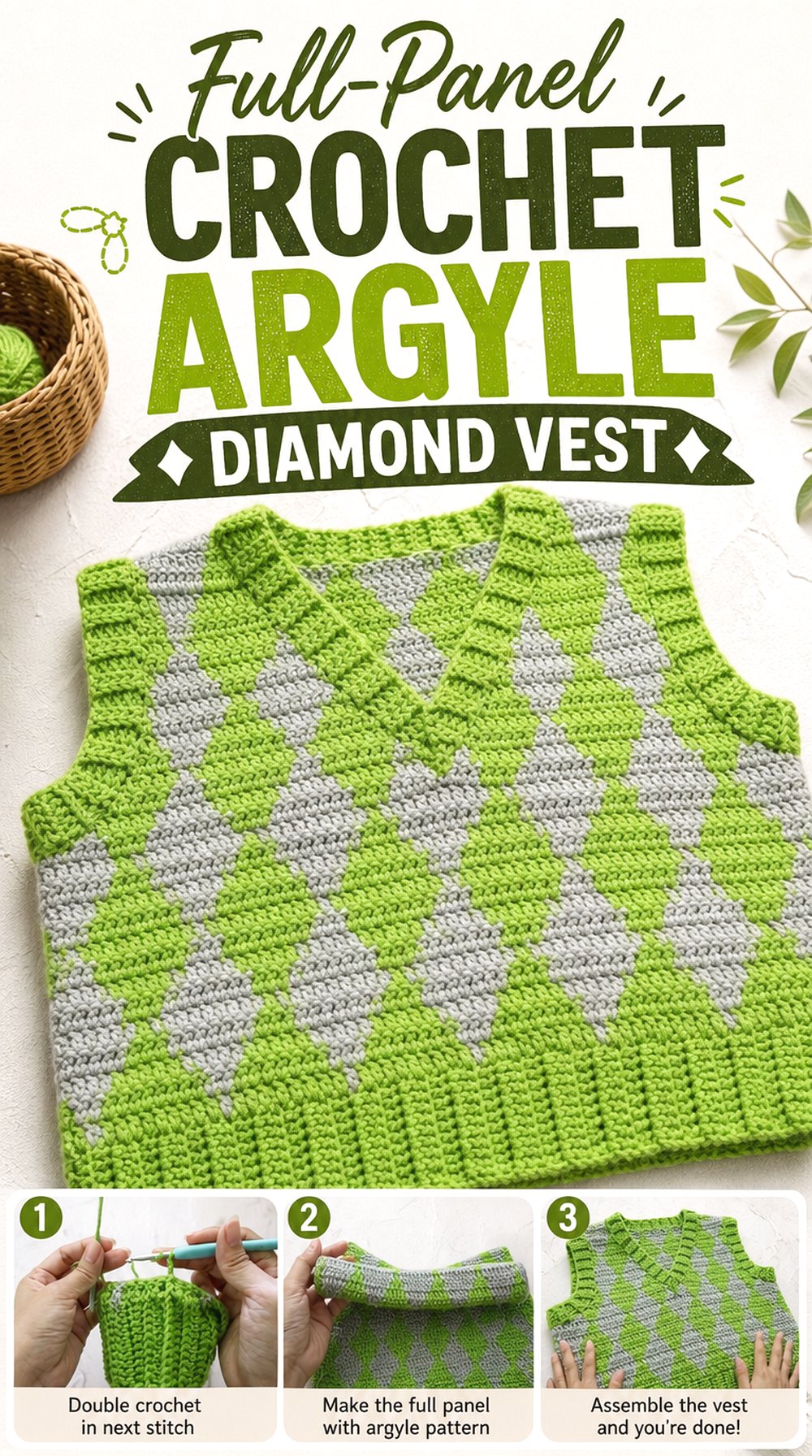 Full Panel Crochet Argyle Diamond Vest