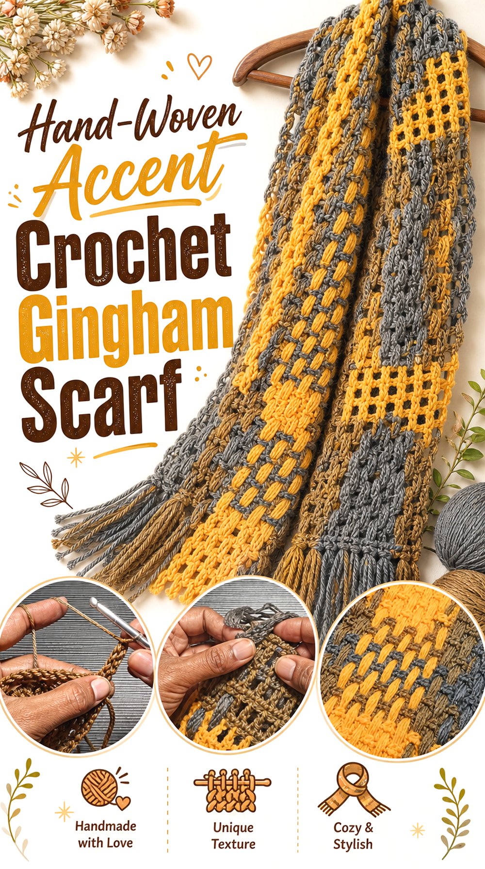 Hand Woven Accent Crochet Gingham Scarf
