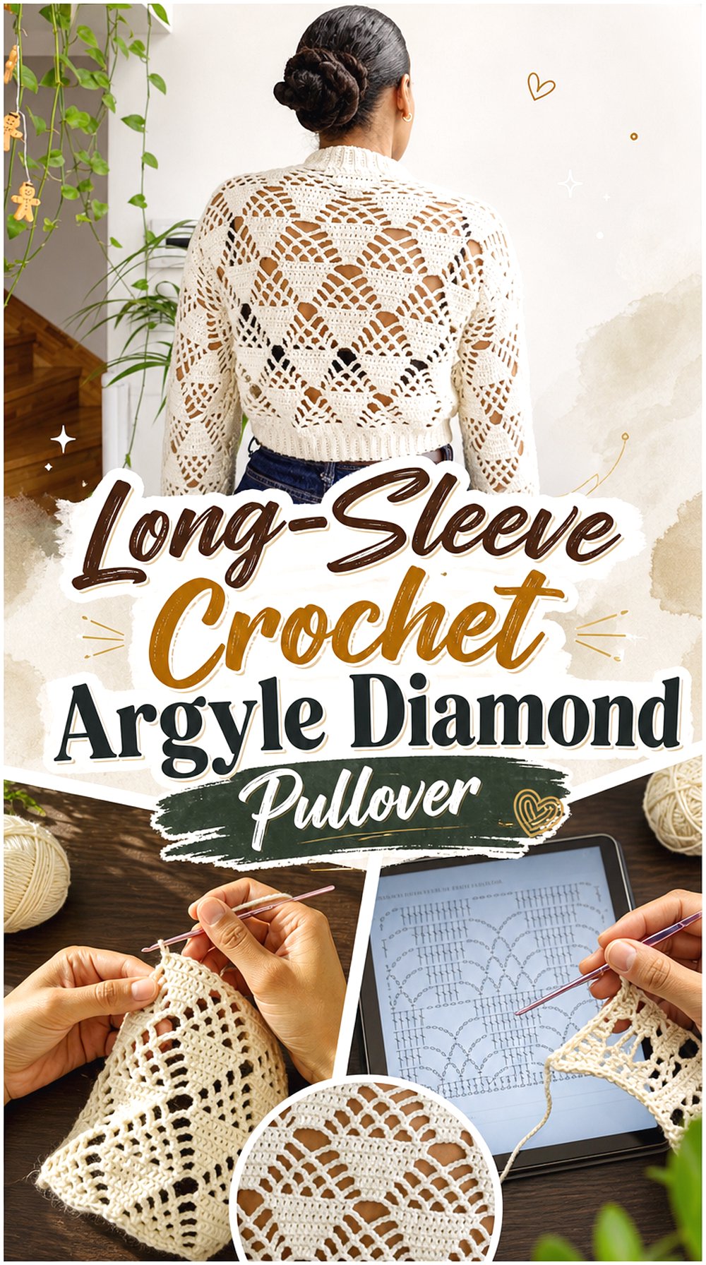 Long Sleeve Crochet Argyle Diamond Pullover