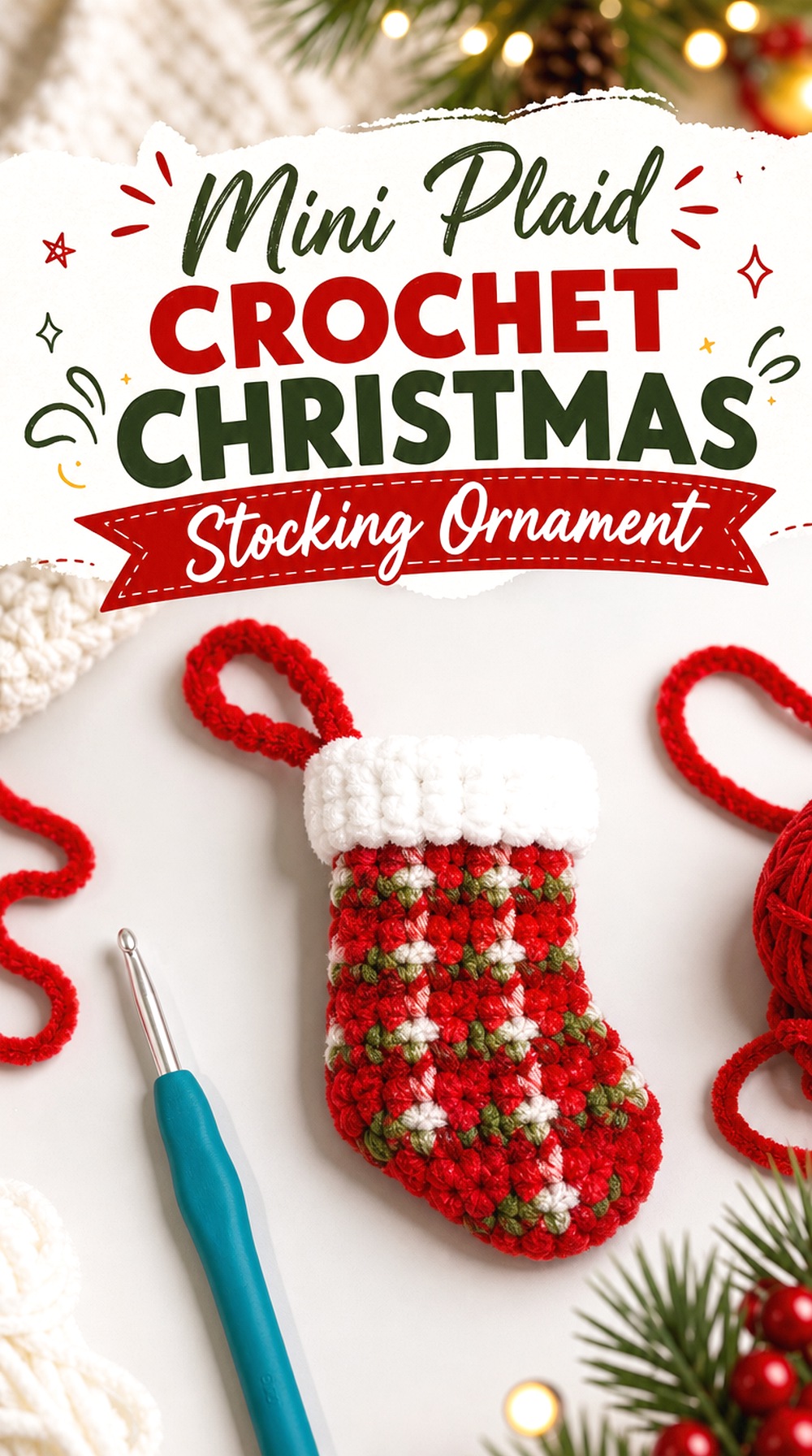Mini Plaid Crochet Christmas Stocking Ornament