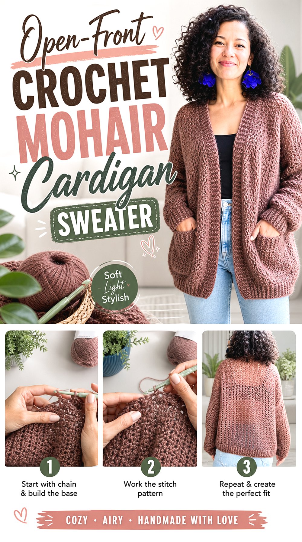 Open Front Crochet Mohair Cardigan Sweater