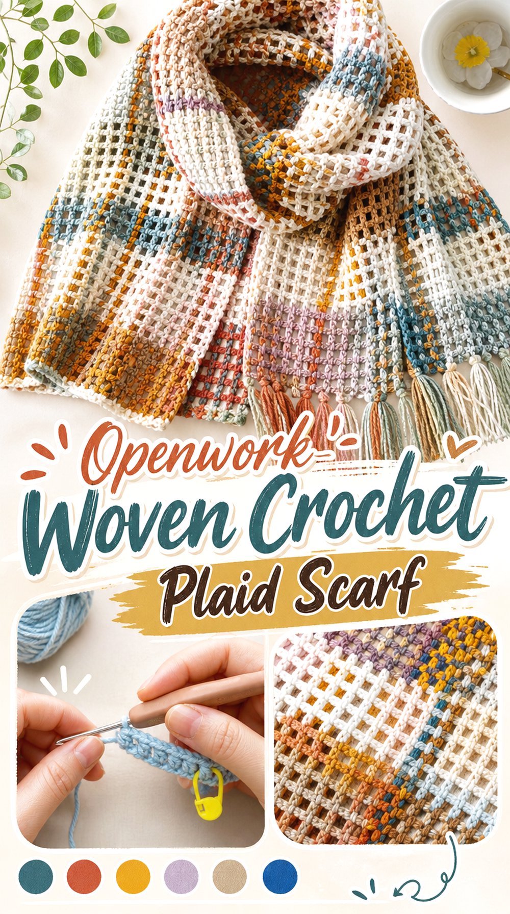 Openwork Woven Crochet Plaid Scarf
