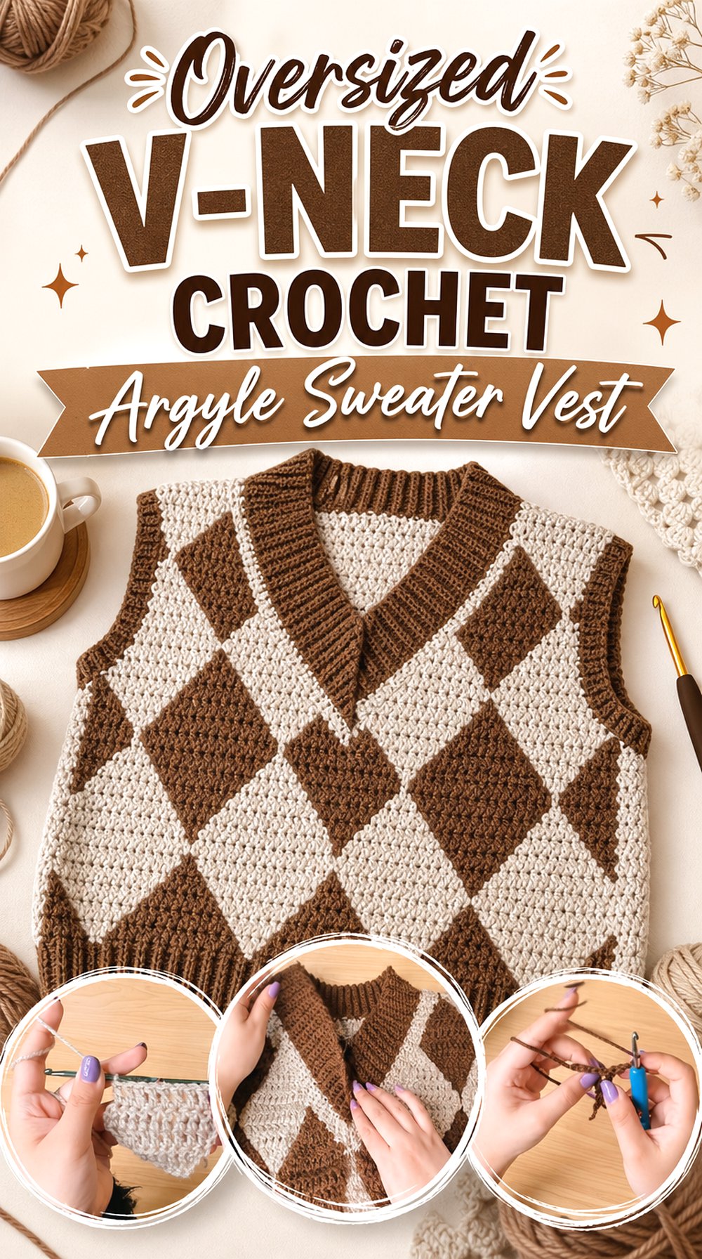 Oversized V Neck Crochet Argyle Sweater Vest