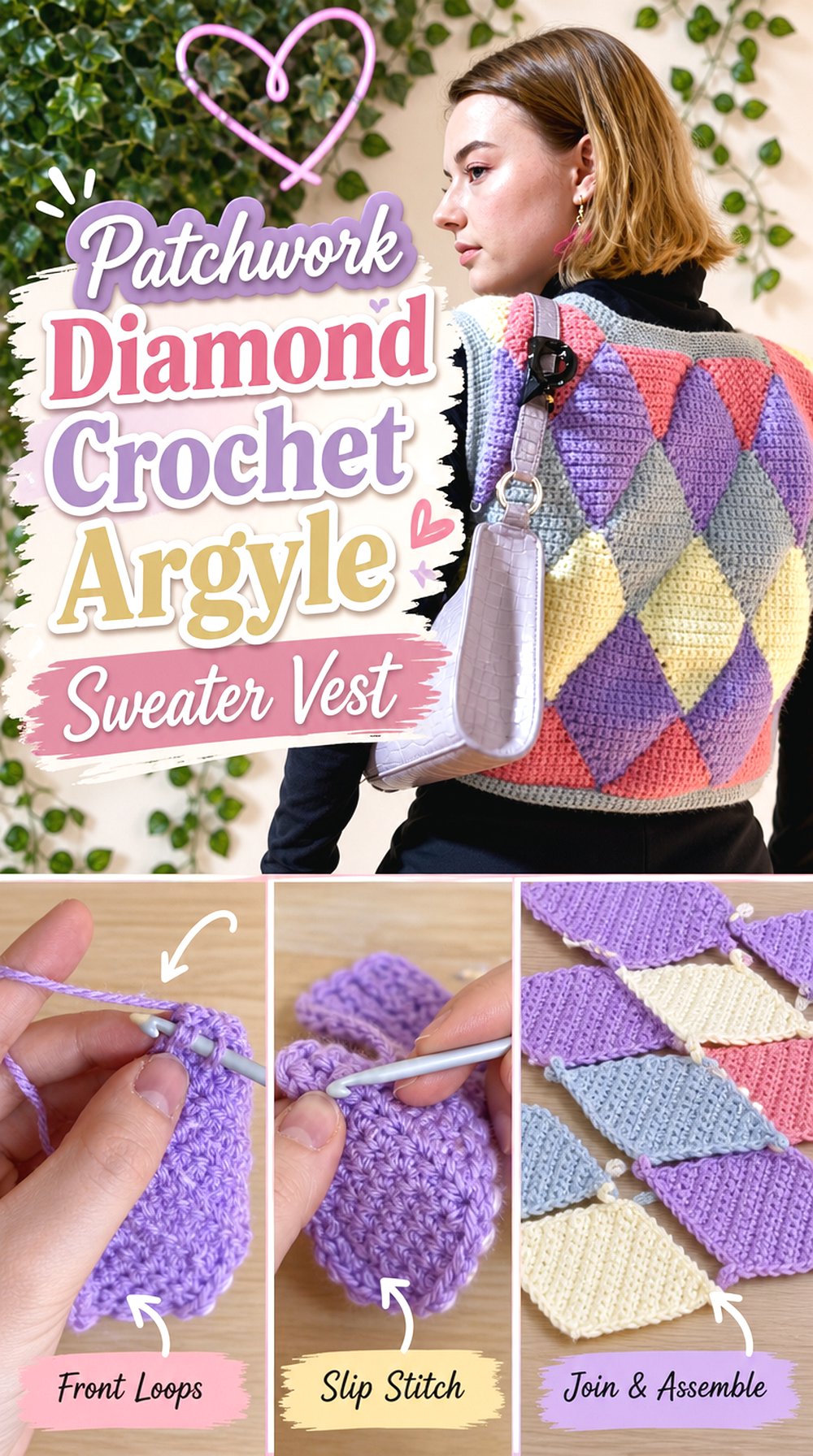 Patchwork Diamond Crochet Argyle Sweater Vest