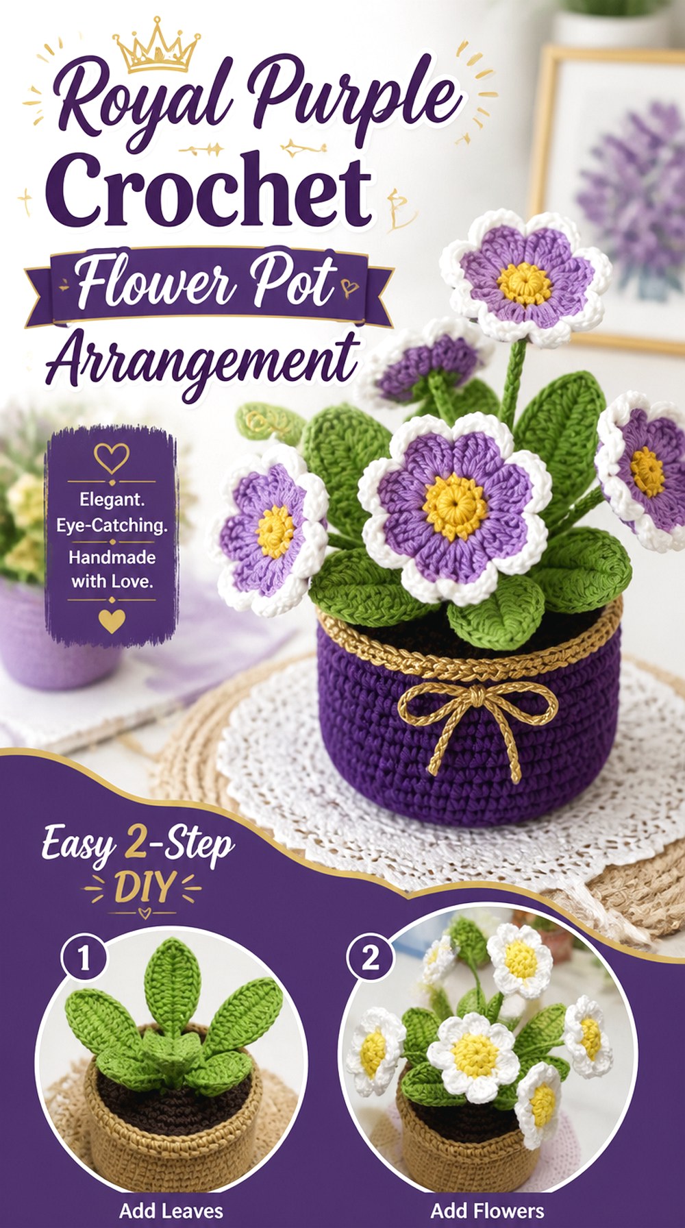Royal Purple Crochet Flower Pot Arrangement