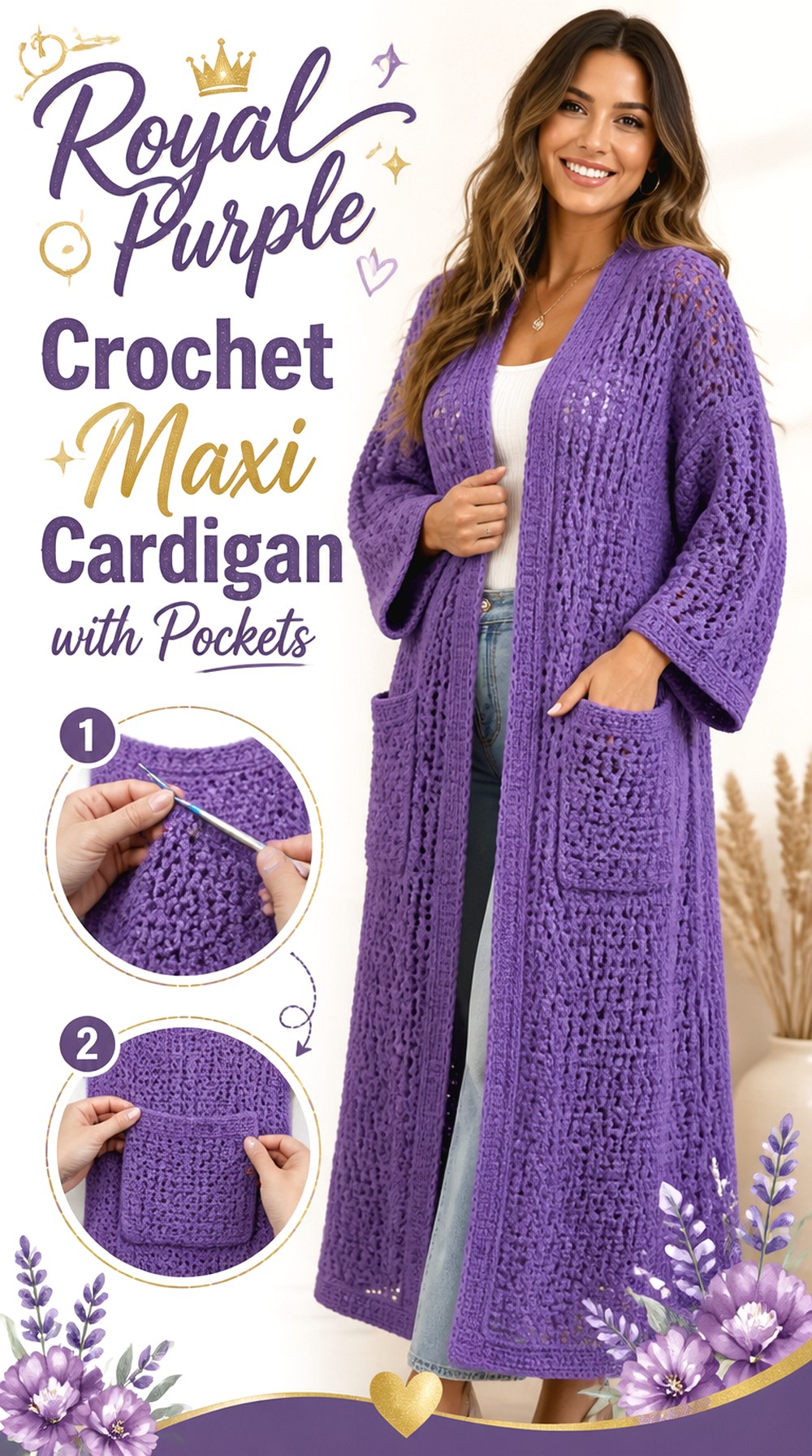 Royal Purple Crochet Maxi Cardigan with Pockets