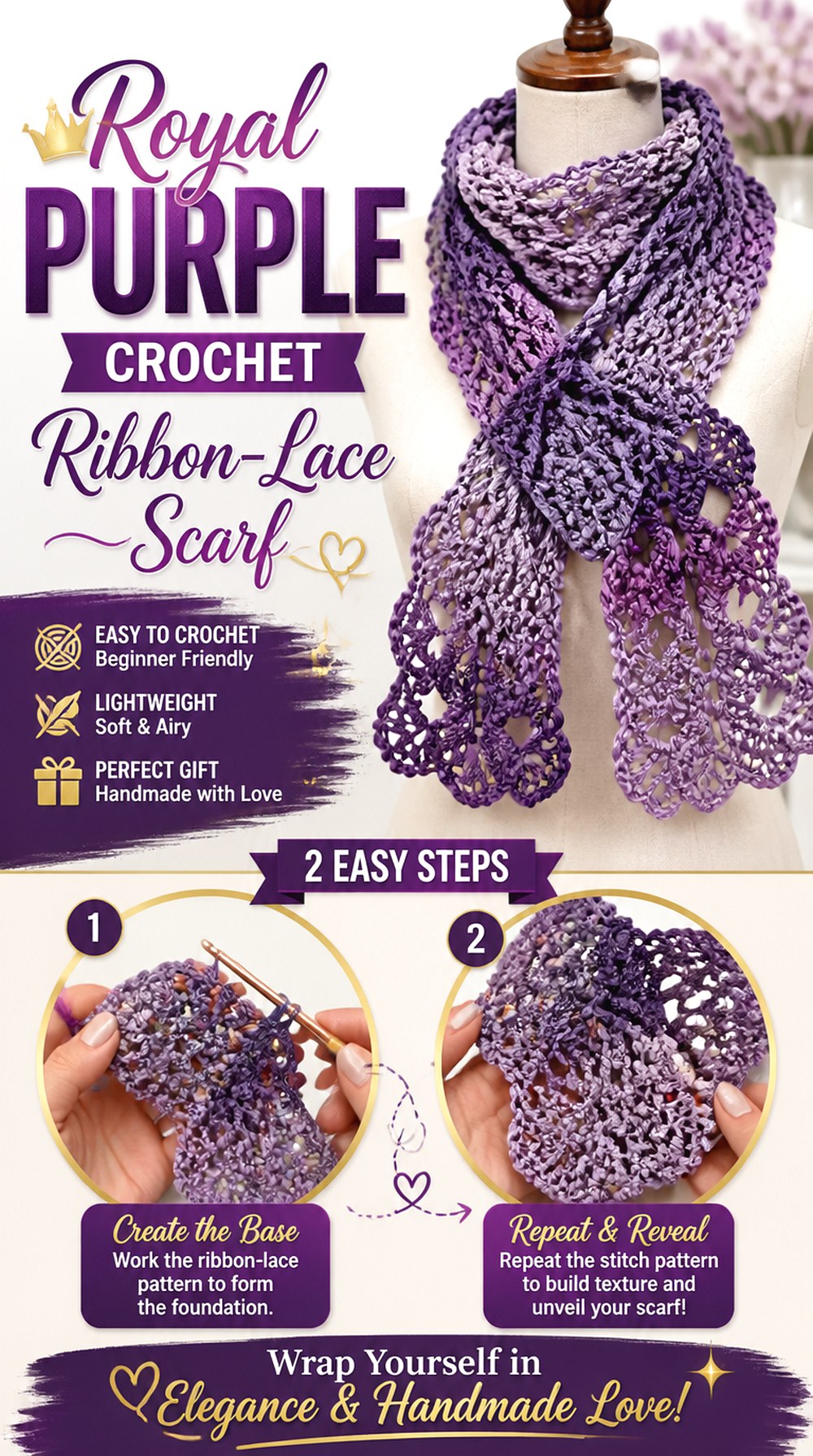 Royal Purple Crochet Ribbon Lace Scarf