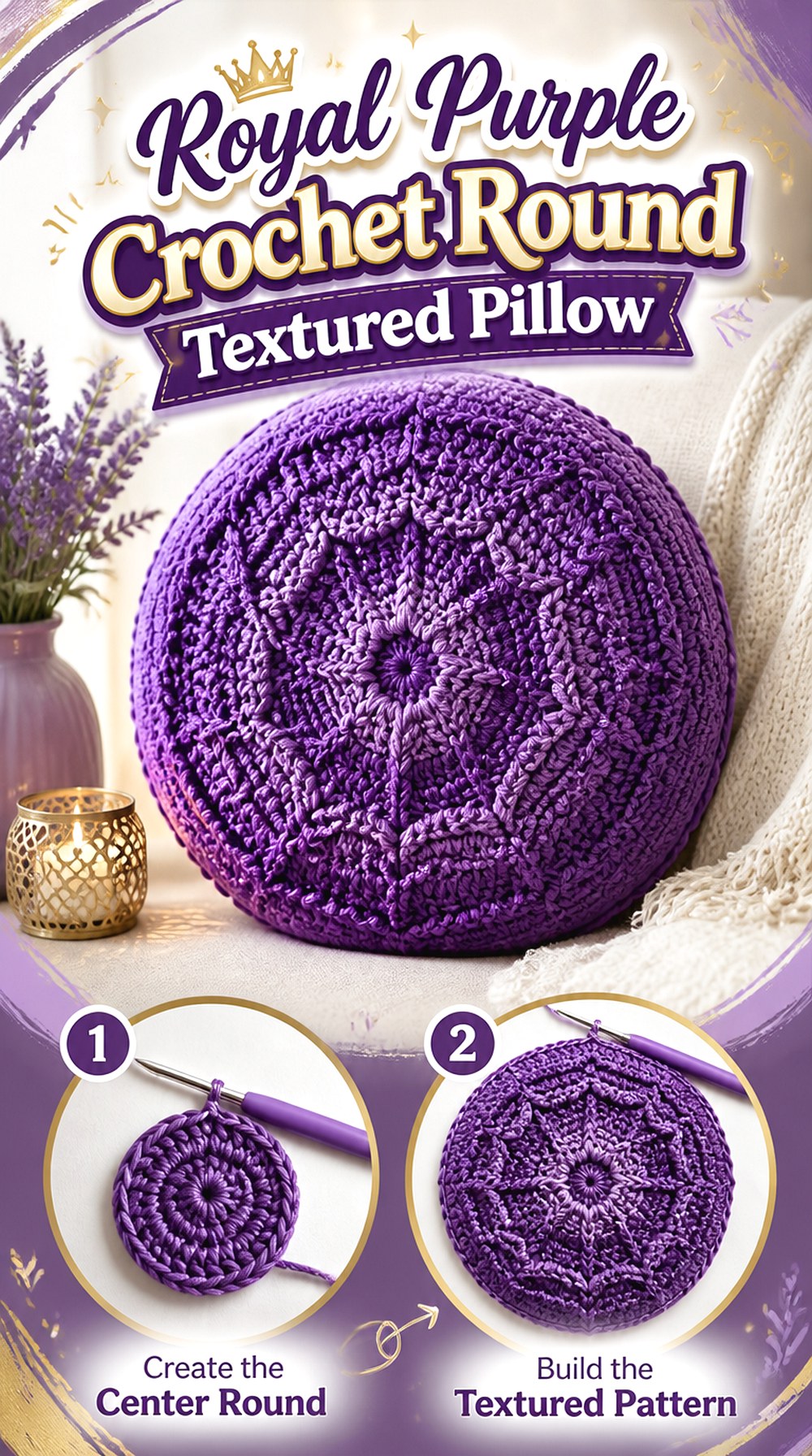 Royal Purple Crochet Round Textured Pillow