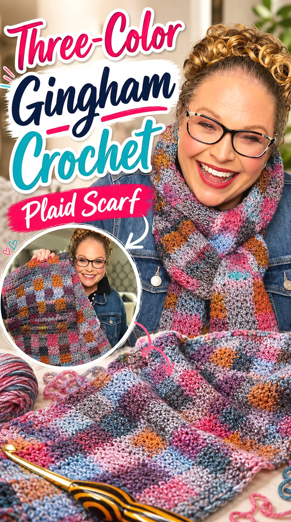 Three Color Gingham Crochet Plaid Scarf