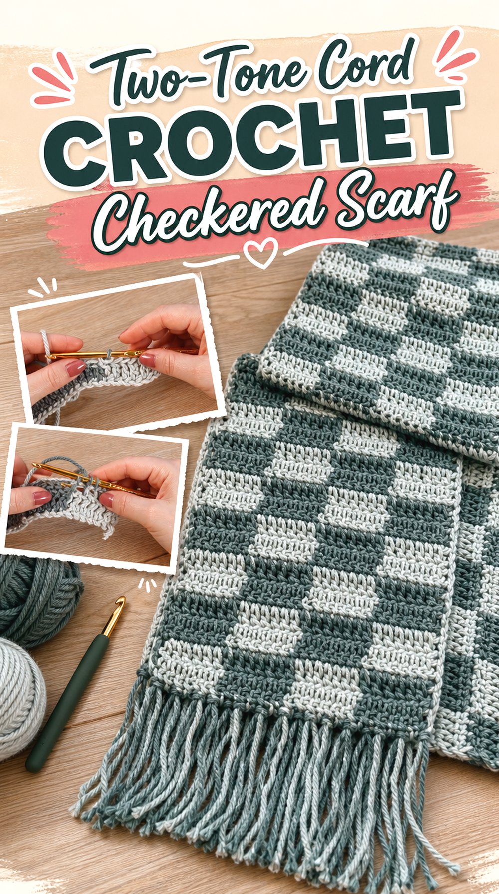 Two Tone Cord Crochet Checkered Scarf