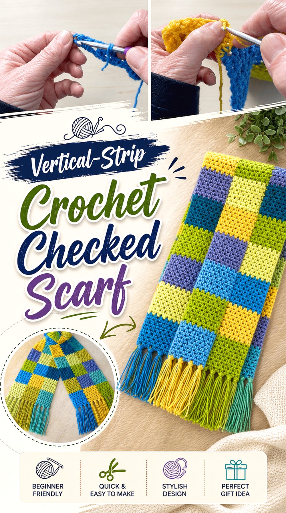 Vertical Strip Crochet Checked Scarf