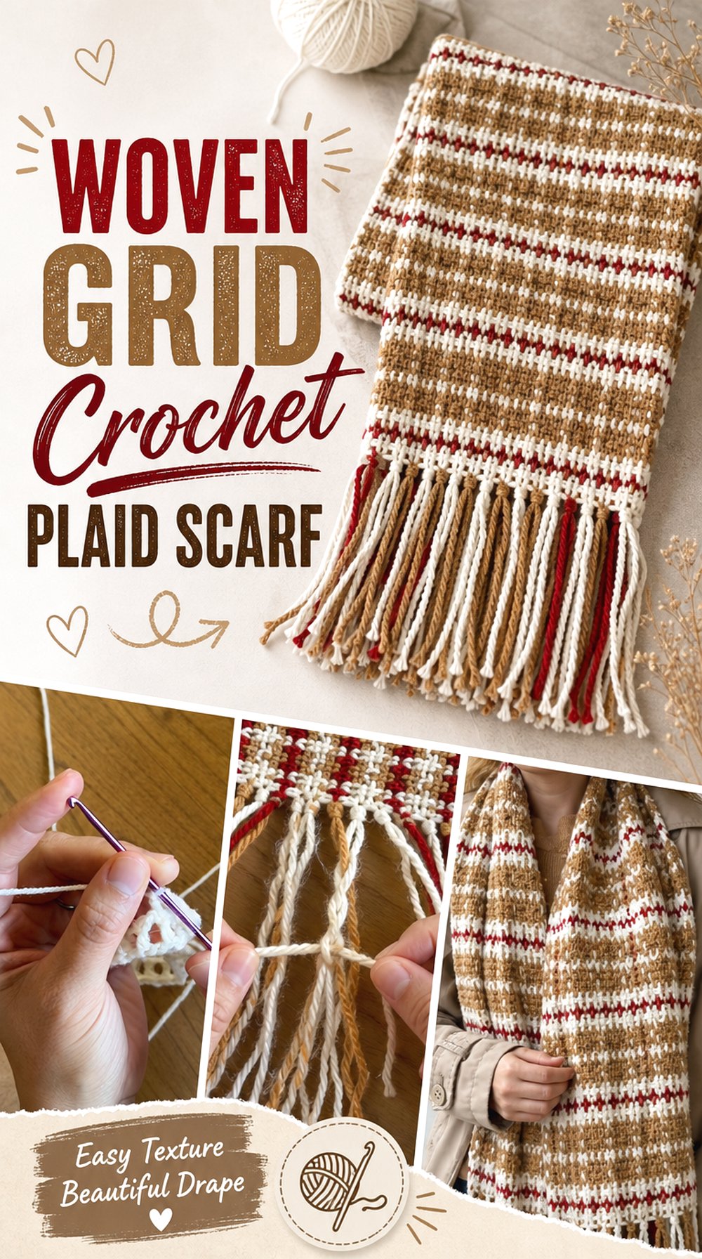 Woven Grid Crochet Plaid Scarf