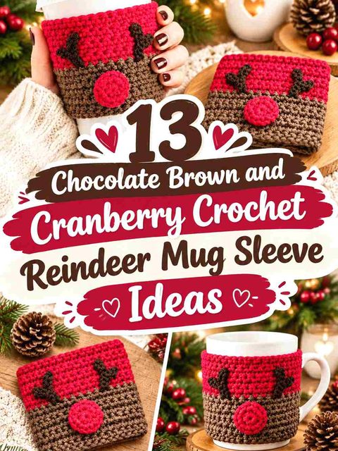 13 Chocolate Brown and Cranberry Crochet Reindeer Mug Sleeve Ideas