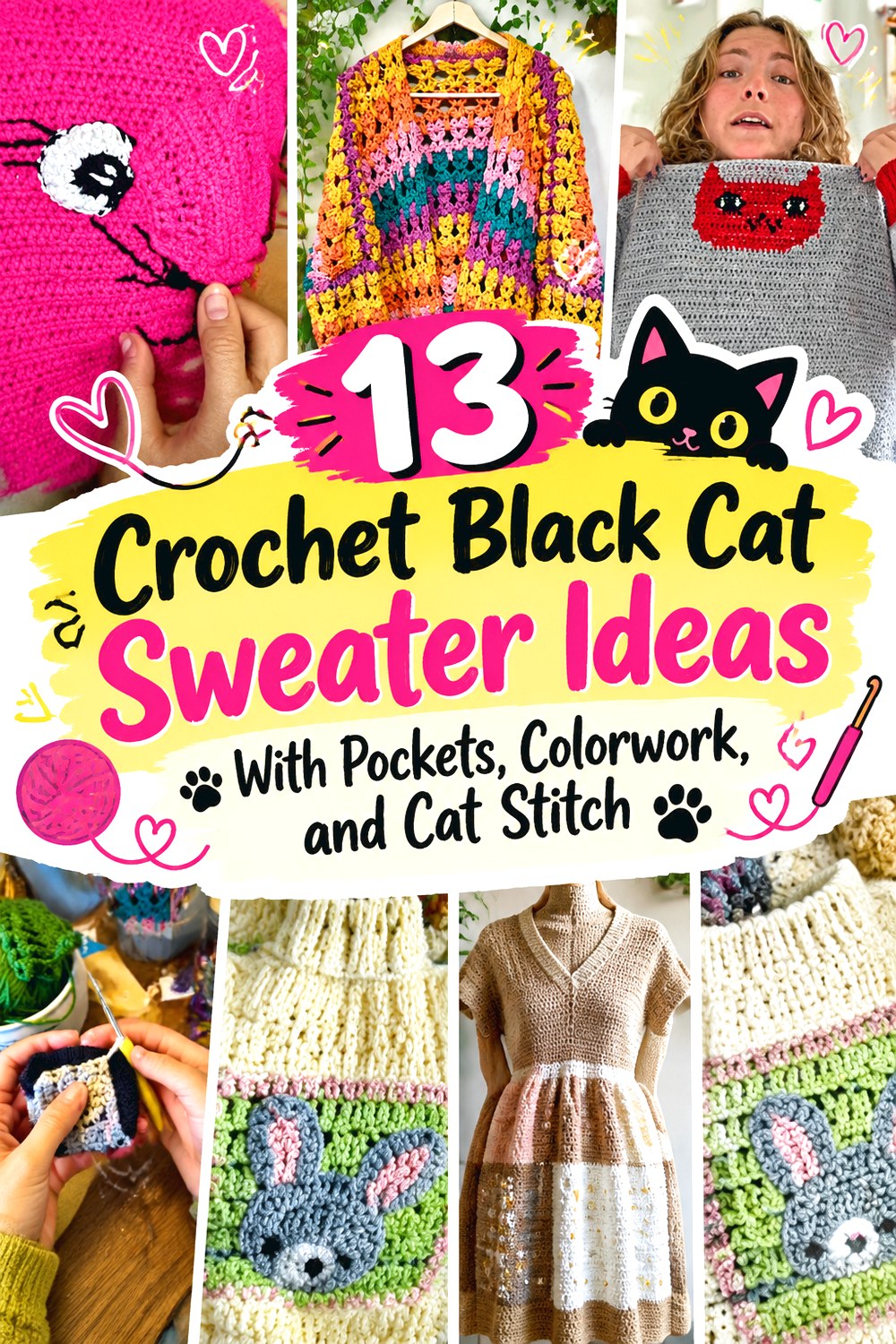 Crochet Black Cat Sweater Ideas With Pockets, Colorwork, and Cat Stitch