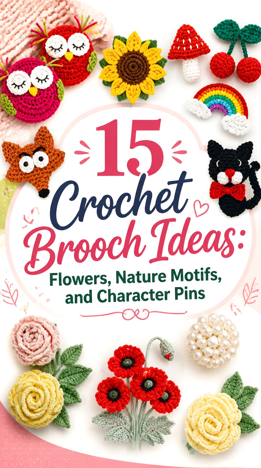 Crochet Brooch Ideas Flowers Nature Motifs and Character Pins