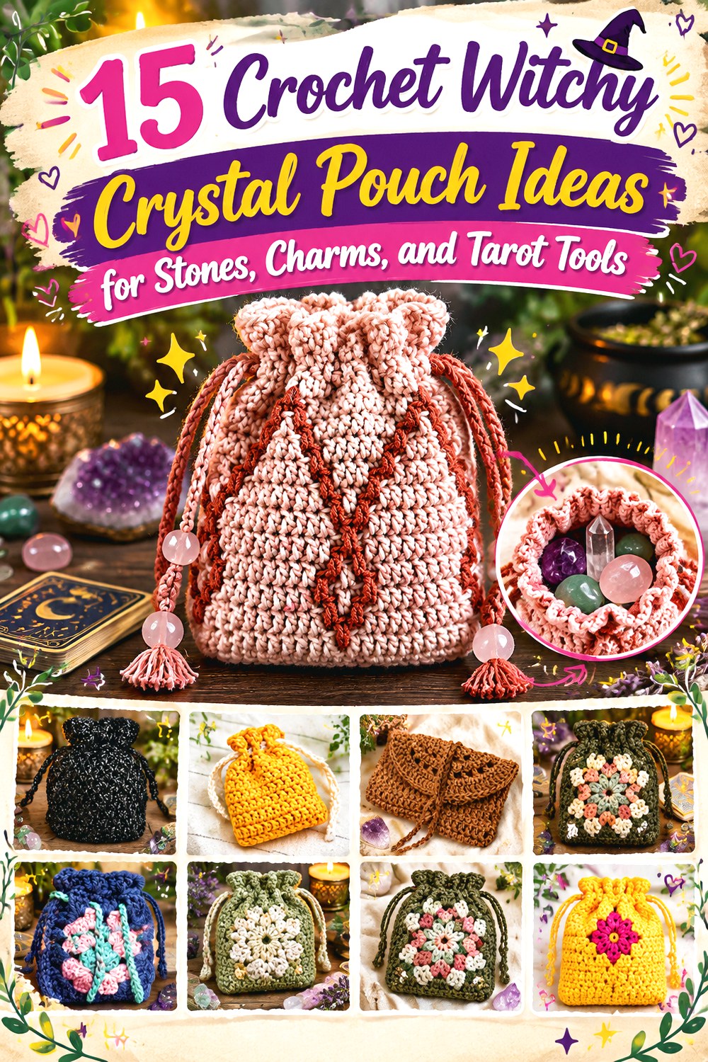 Crochet Witchy Crystal Pouch Ideas for Stones, Charms, and Tarot Tools