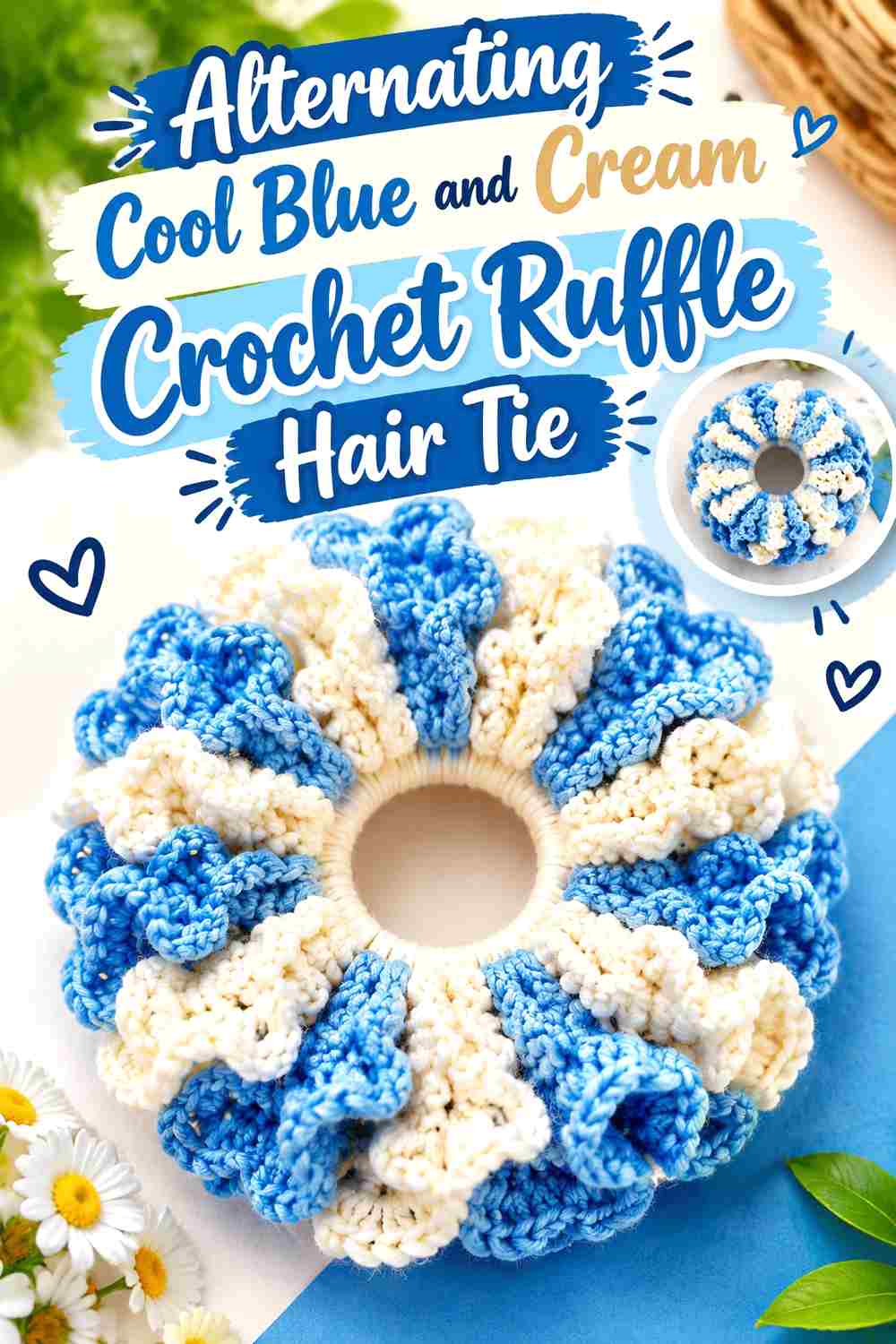 11. Alternating Cool Blue And Cream Crochet Ruffle Hair Tie