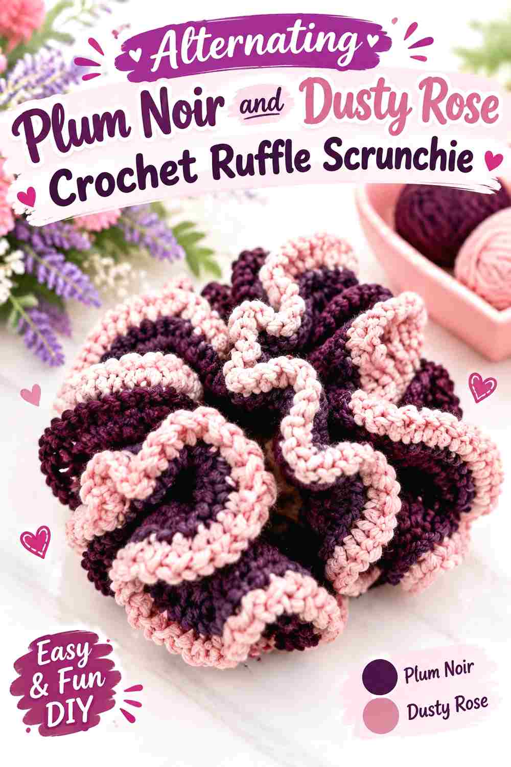 5. Alternating Plum Noir And Dusty Rose Crochet Ruffle Scrunchie