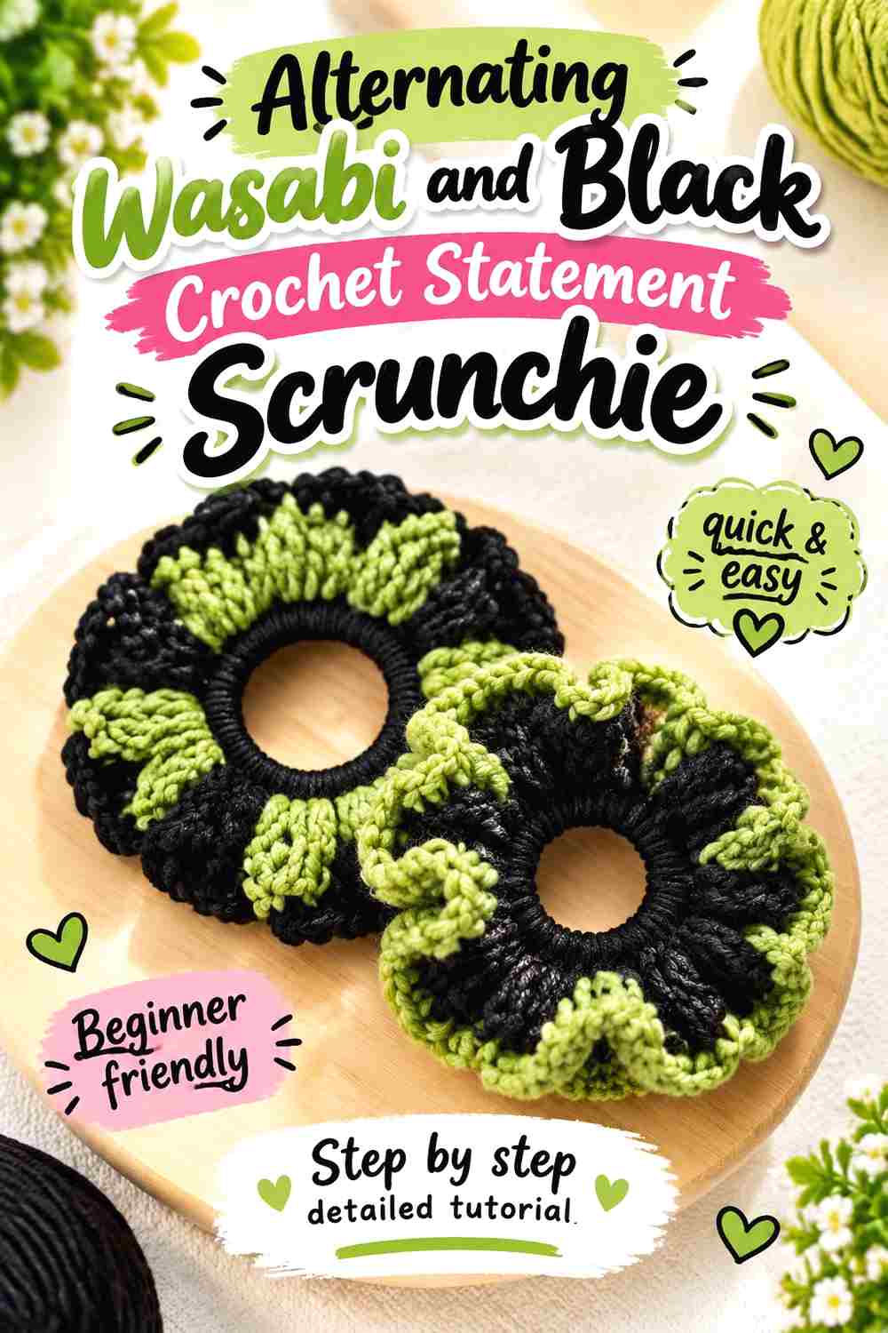 8. Alternating Wasabi And Black Crochet Statement Scrunchie