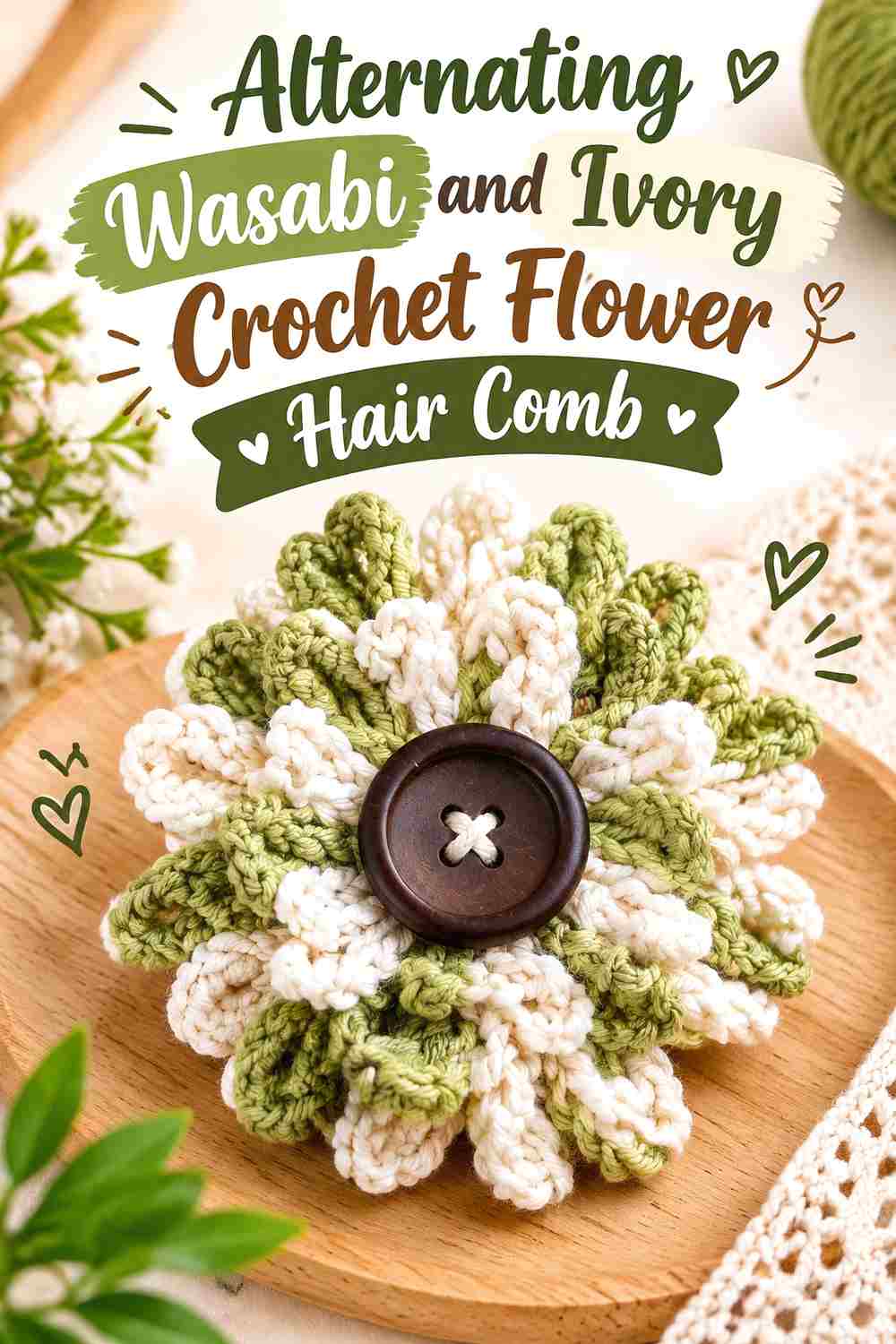 11. Alternating Wasabi And Ivory Crochet Flower Hair Comb
