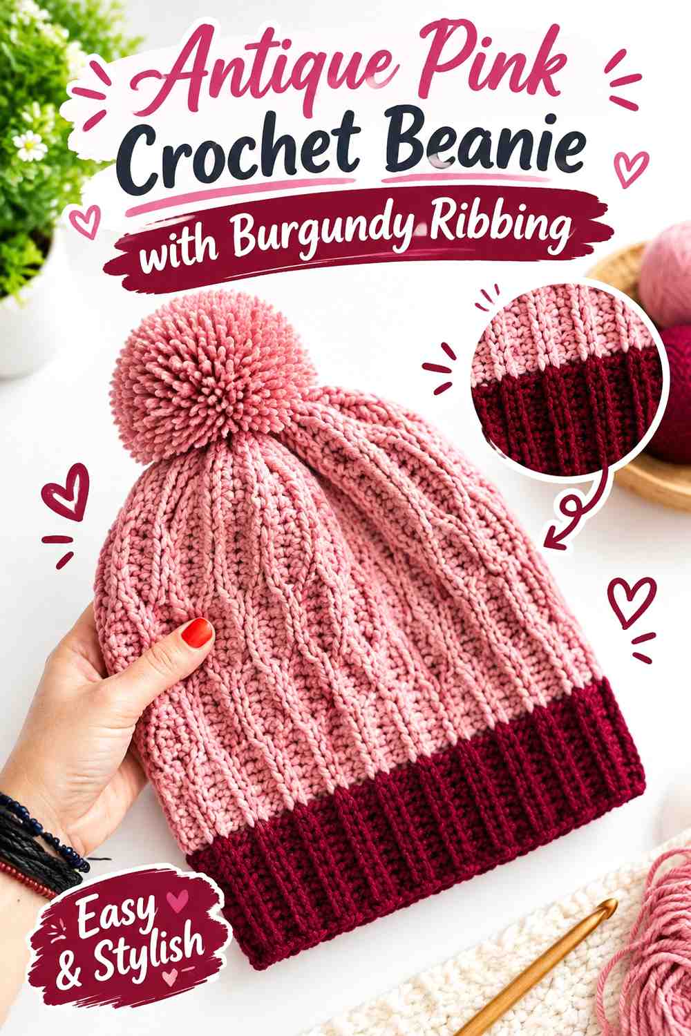 7. Antique Pink Crochet Beanie With Burgundy Ribbing