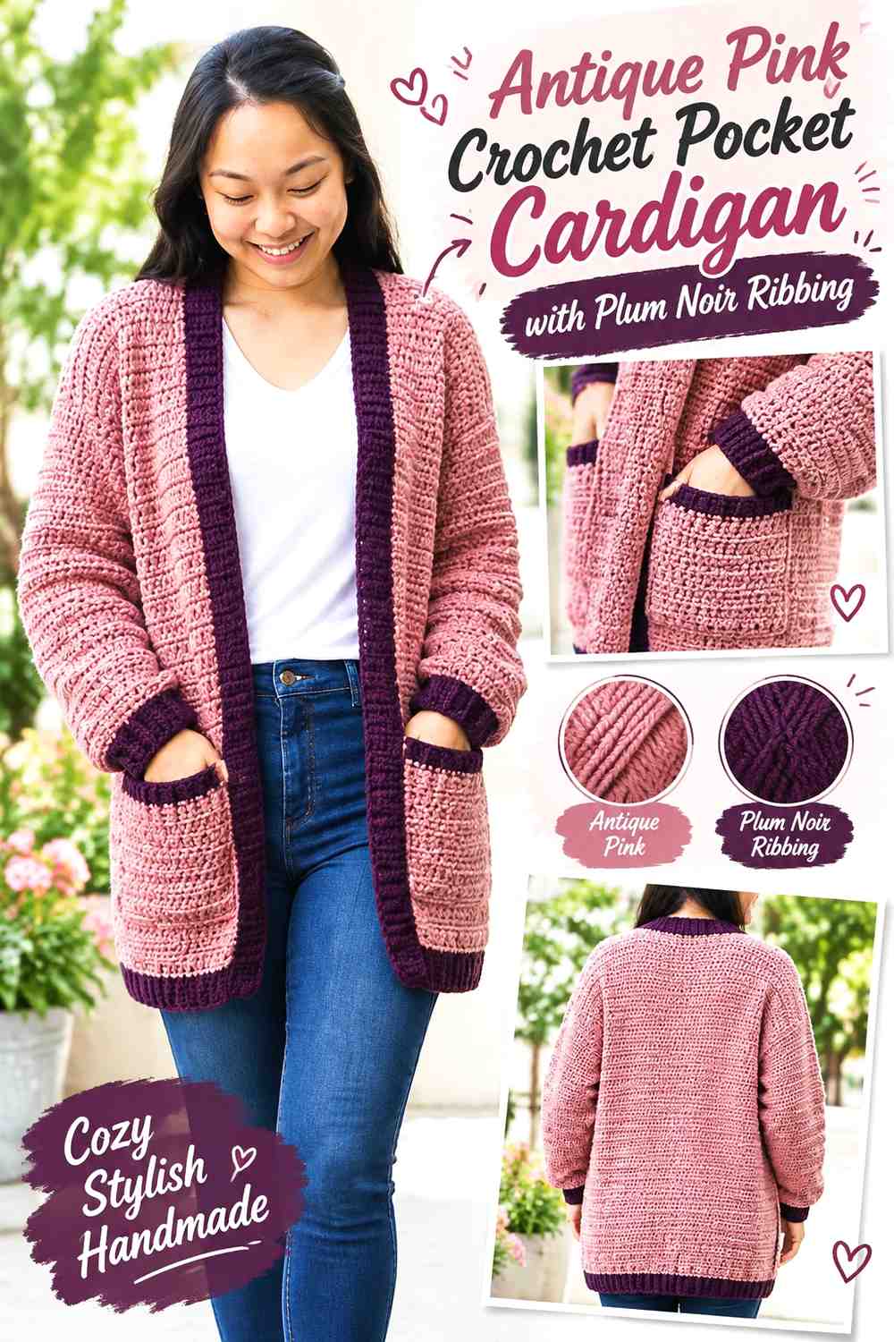 2. Antique Pink Crochet Pocket Cardigan With Plum Noir Ribbing