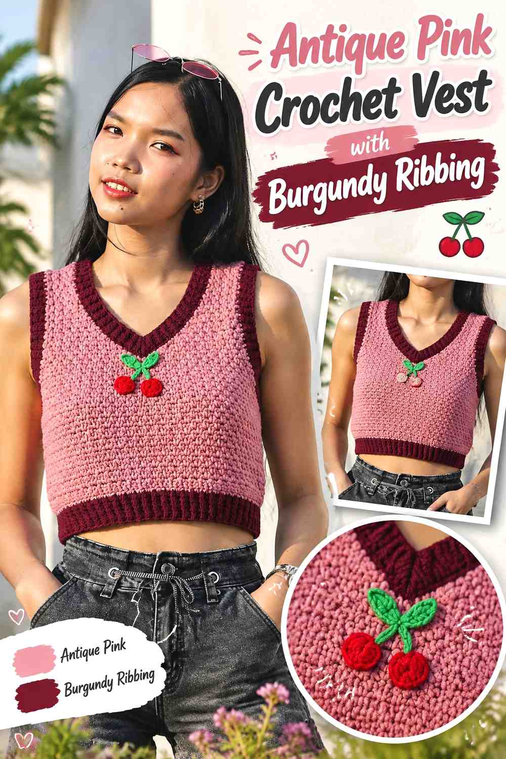 13. Antique Pink Crochet Vest With Burgundy Ribbing