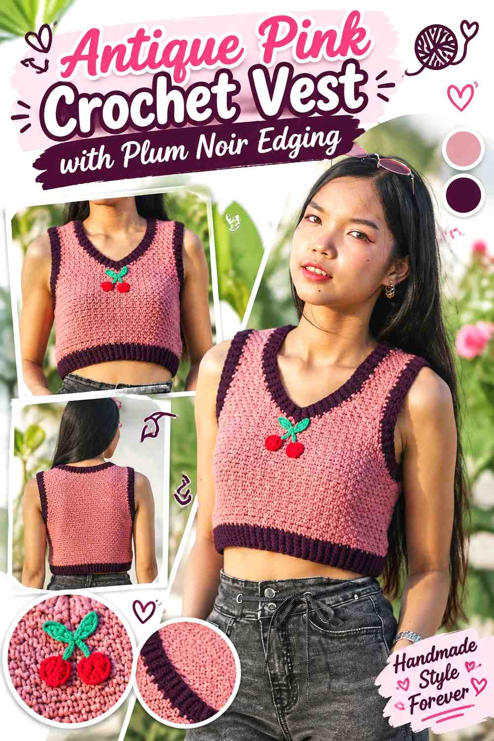 7. Antique Pink Crochet Vest With Plum Noir Edging
