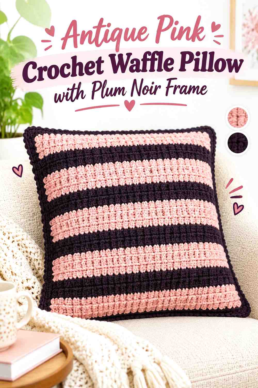4. Antique Pink Crochet Waffle Pillow With Plum Noir Frame