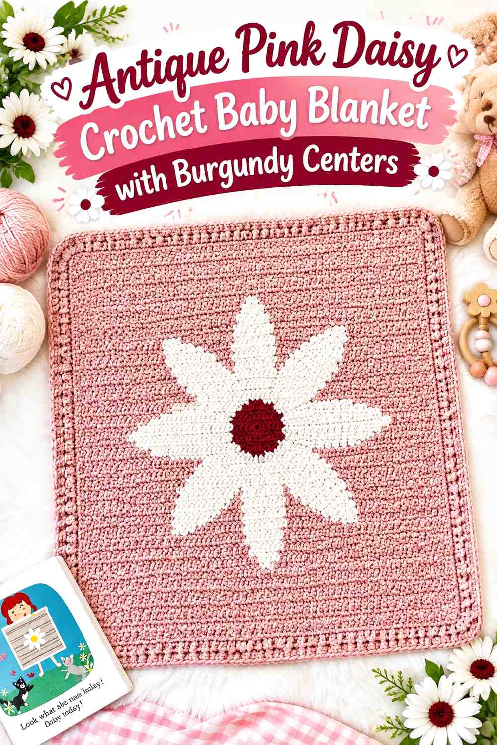 5. Antique Pink Daisy Crochet Baby Blanket With Burgundy Centers