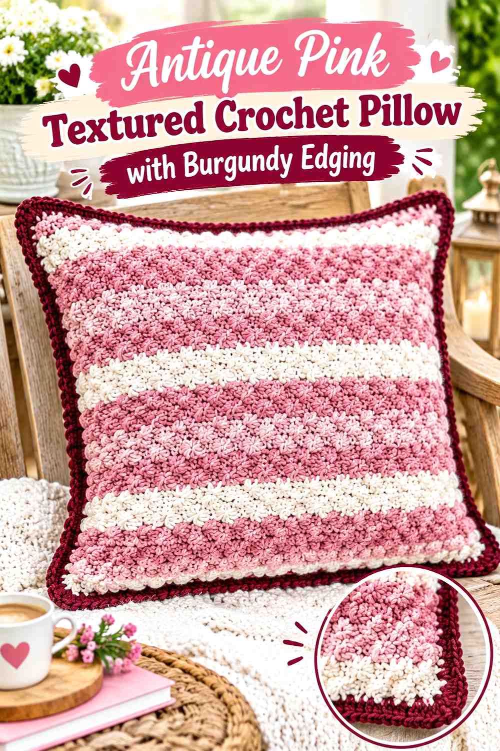 10. Antique Pink Textured Crochet Pillow With Burgundy Edging