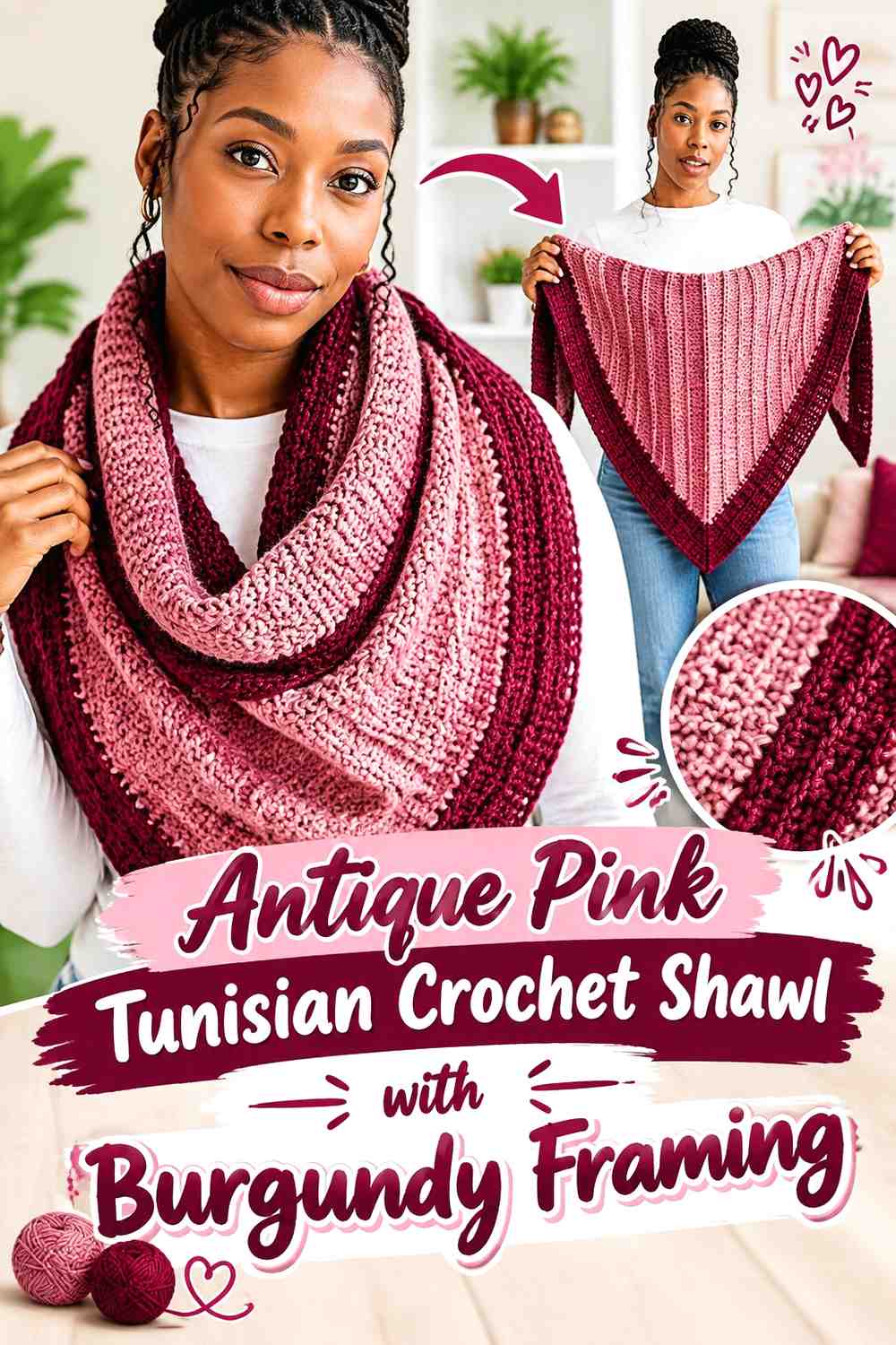 3. Antique Pink Tunisian Crochet Shawl With Burgundy Framing