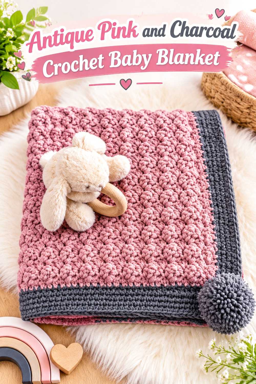 11. Antique Pink And Charcoal Crochet Baby Blanket